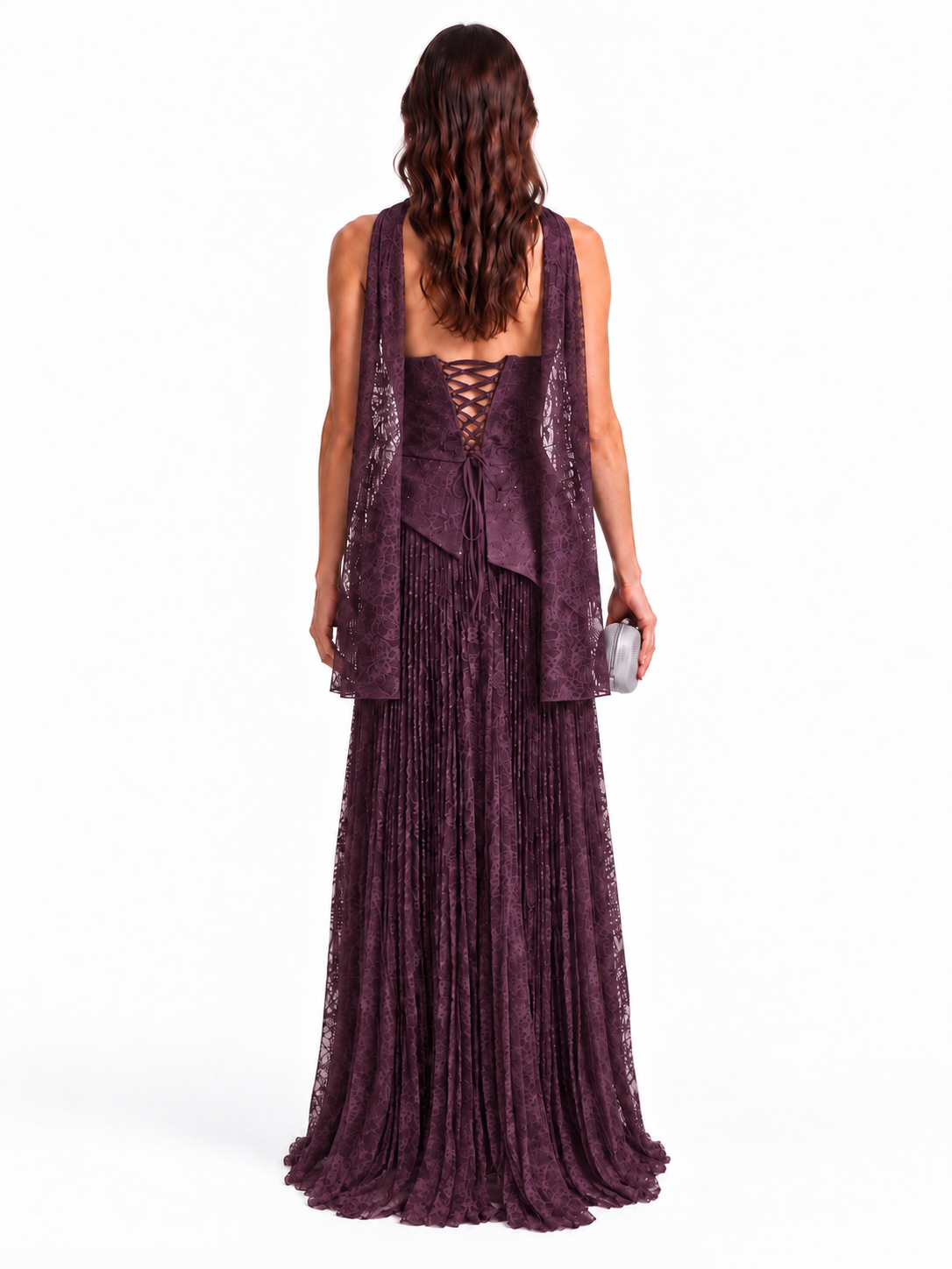 "Elara" Asymmetric Pleated Lace Gown