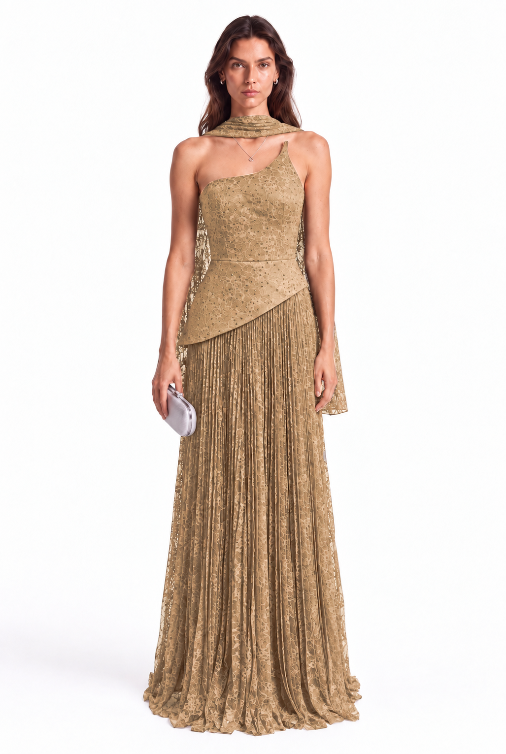 "Elara" Asymmetric Pleated Lace Gown