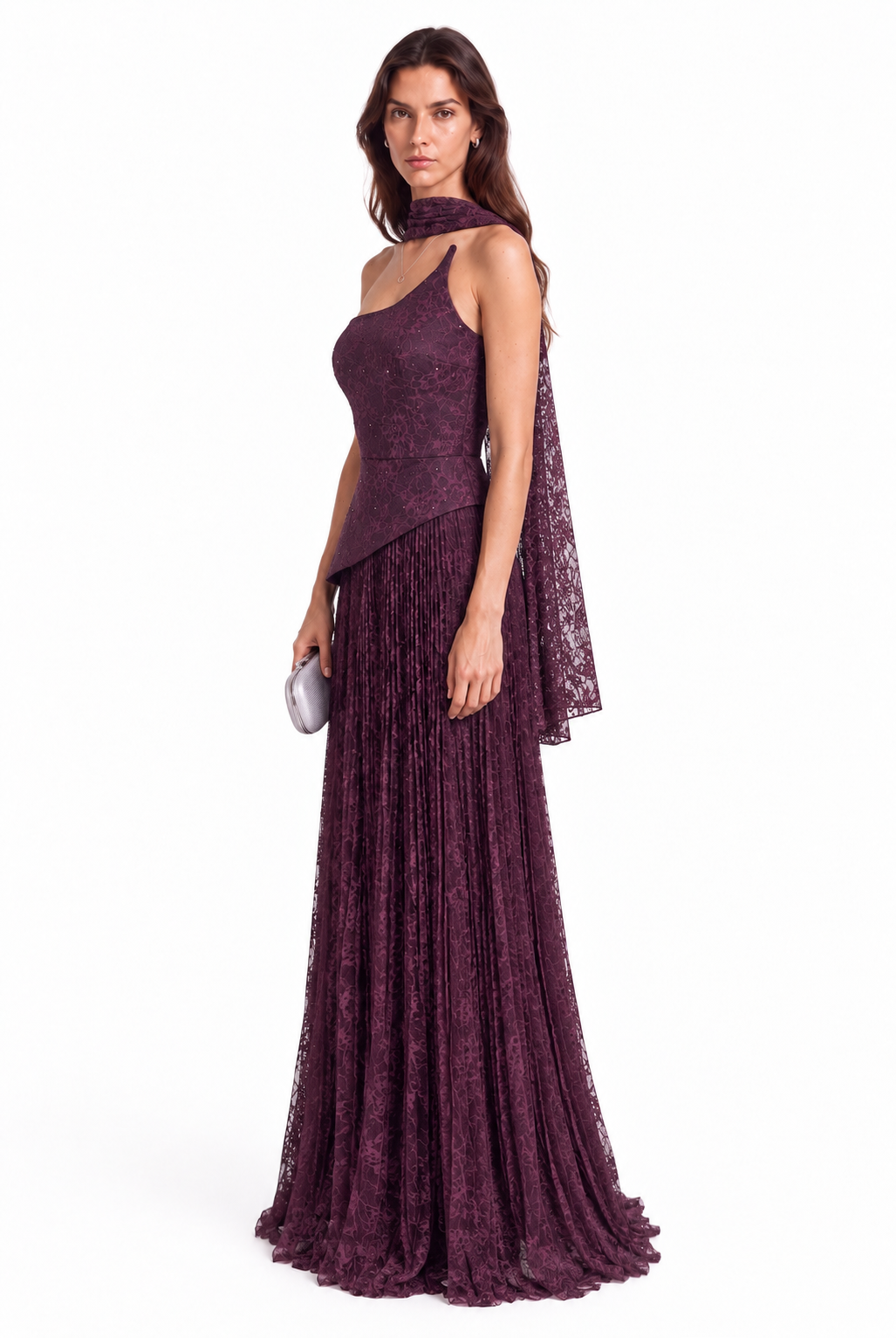 "Elara" Asymmetric Pleated Lace Gown