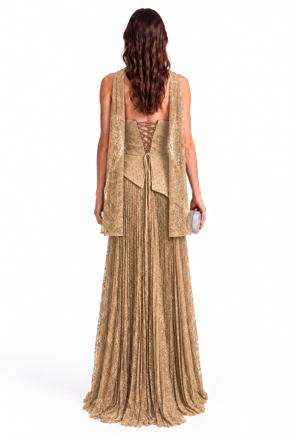 "Elara" Asymmetric Pleated Lace Gown