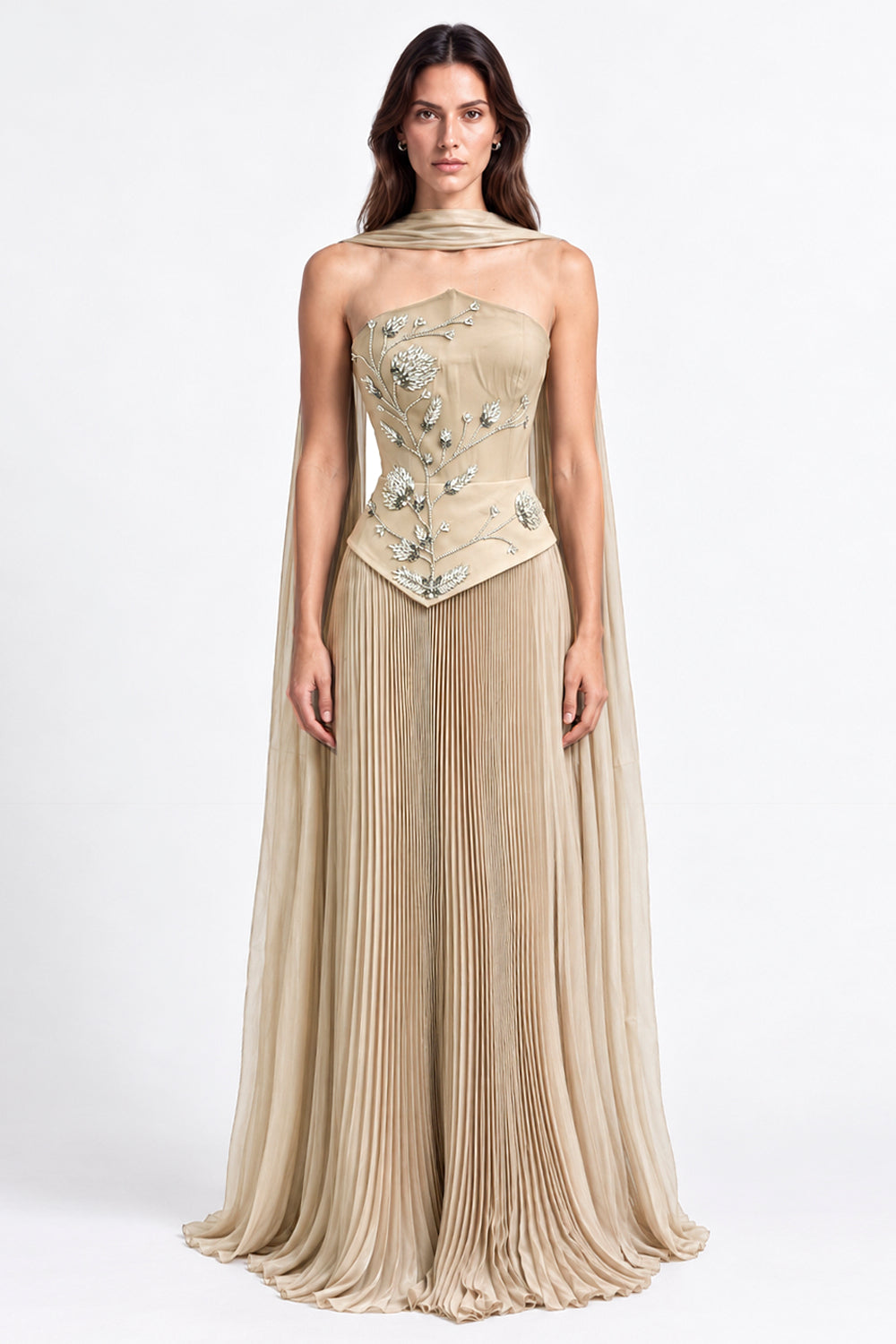 "Rana" Floral Embroidered Strapless Gown