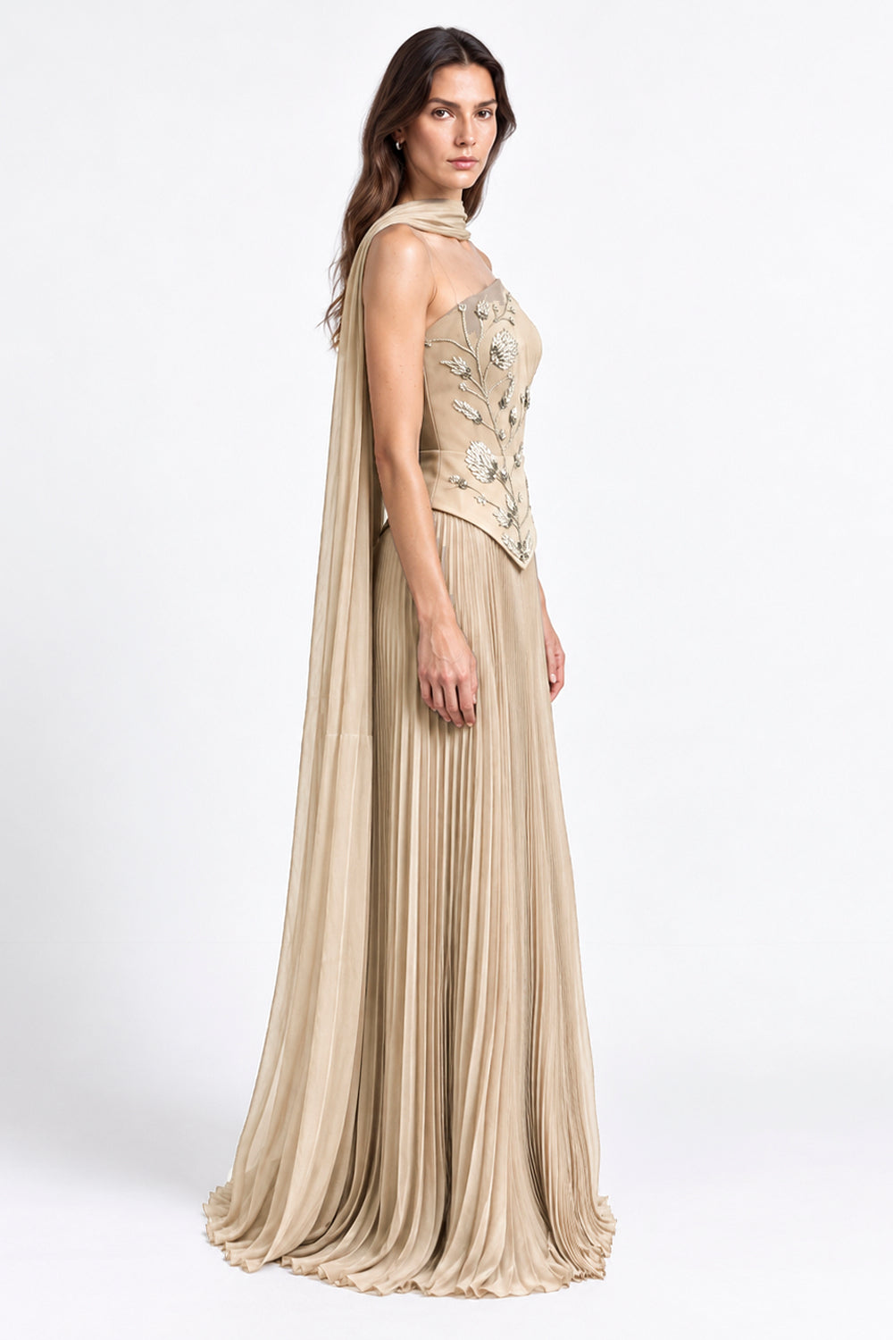 "Rana" Floral Embroidered Strapless Gown