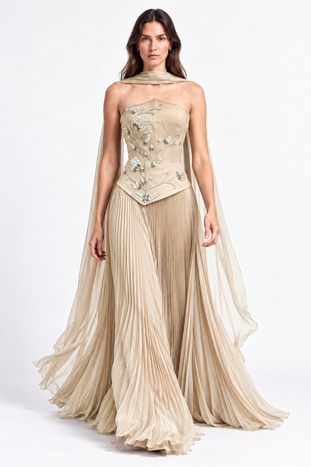 "Rana" Floral Embroidered Strapless Gown