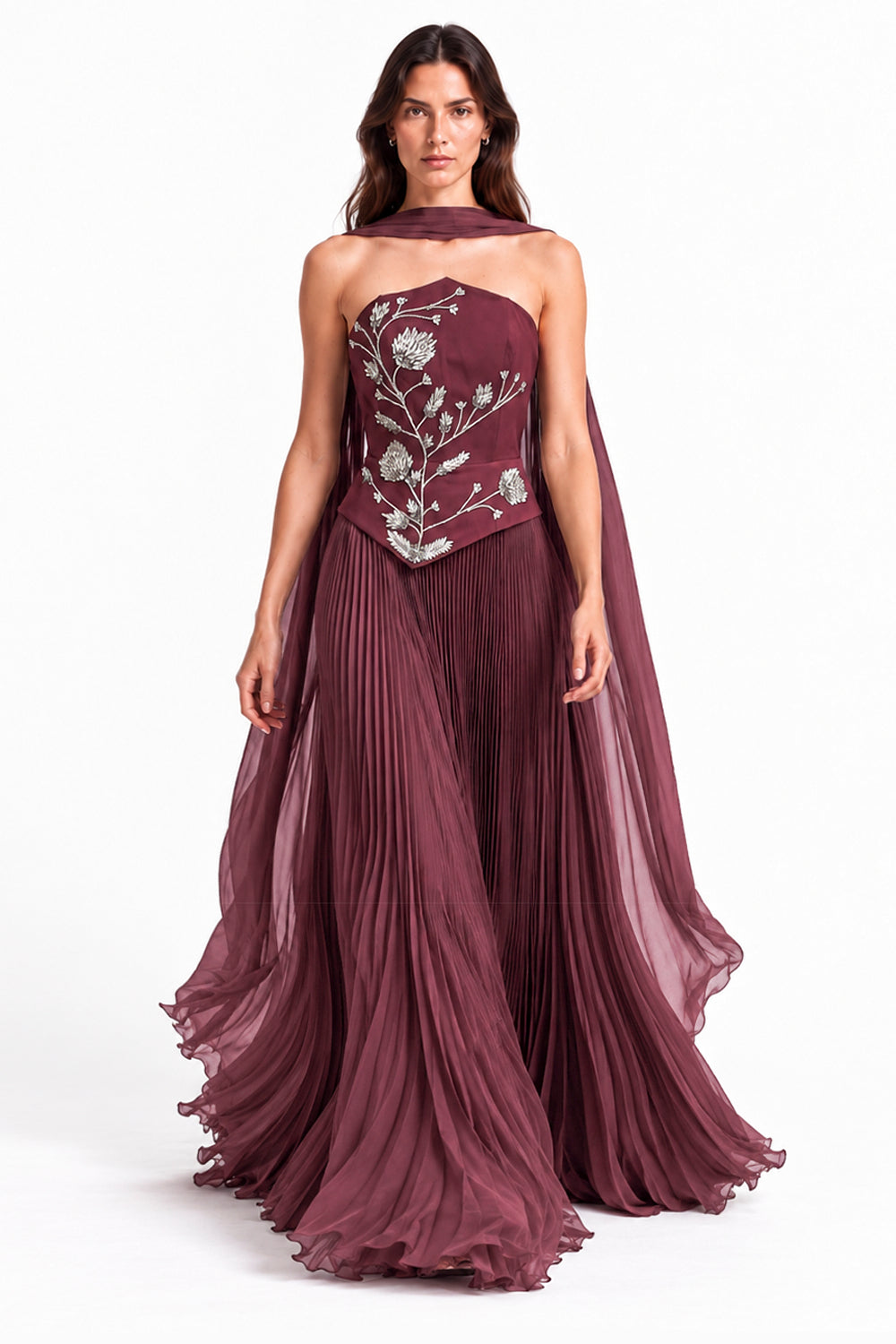 "Rana" Floral Embroidered Strapless Gown