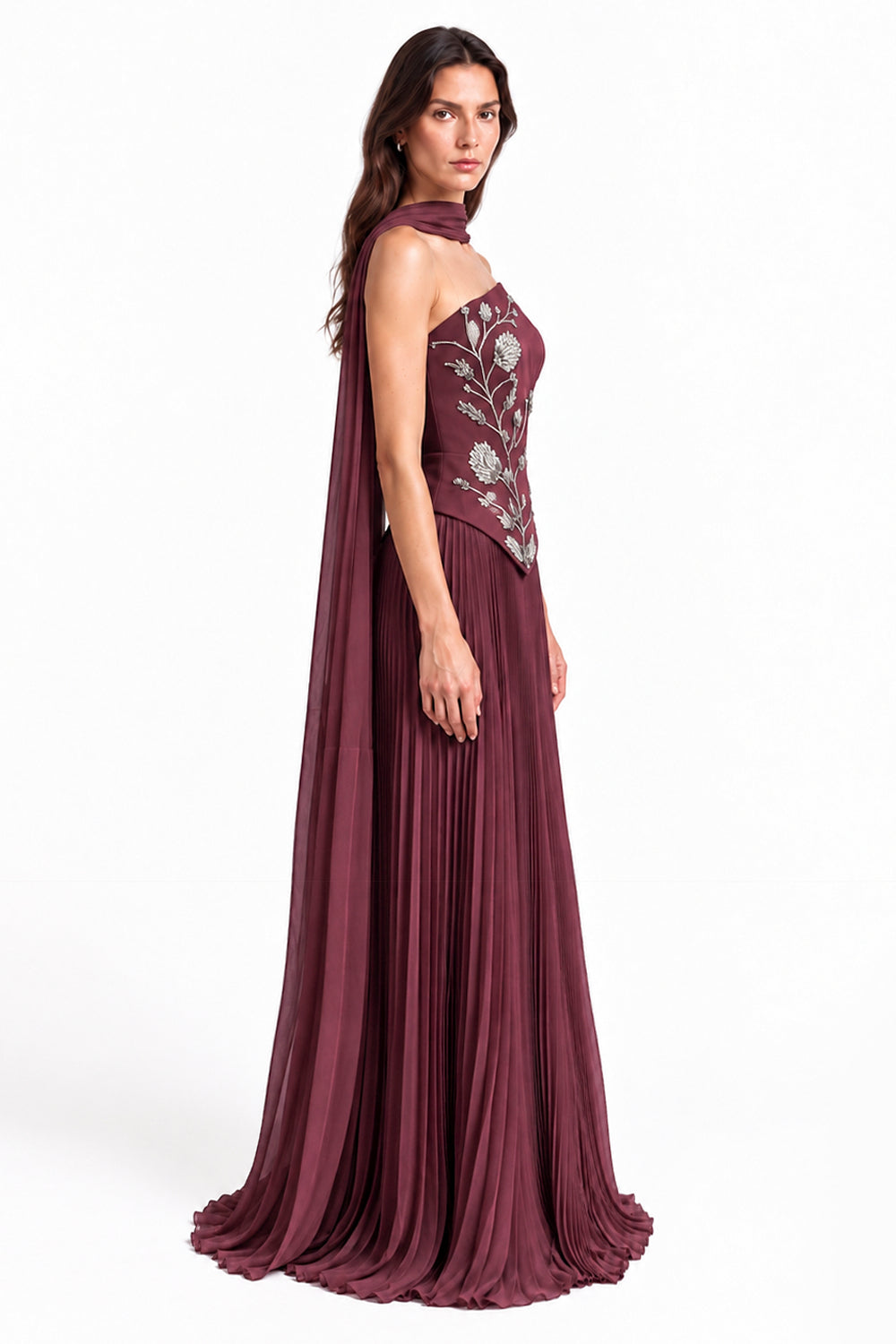 "Rana" Floral Embroidered Strapless Gown