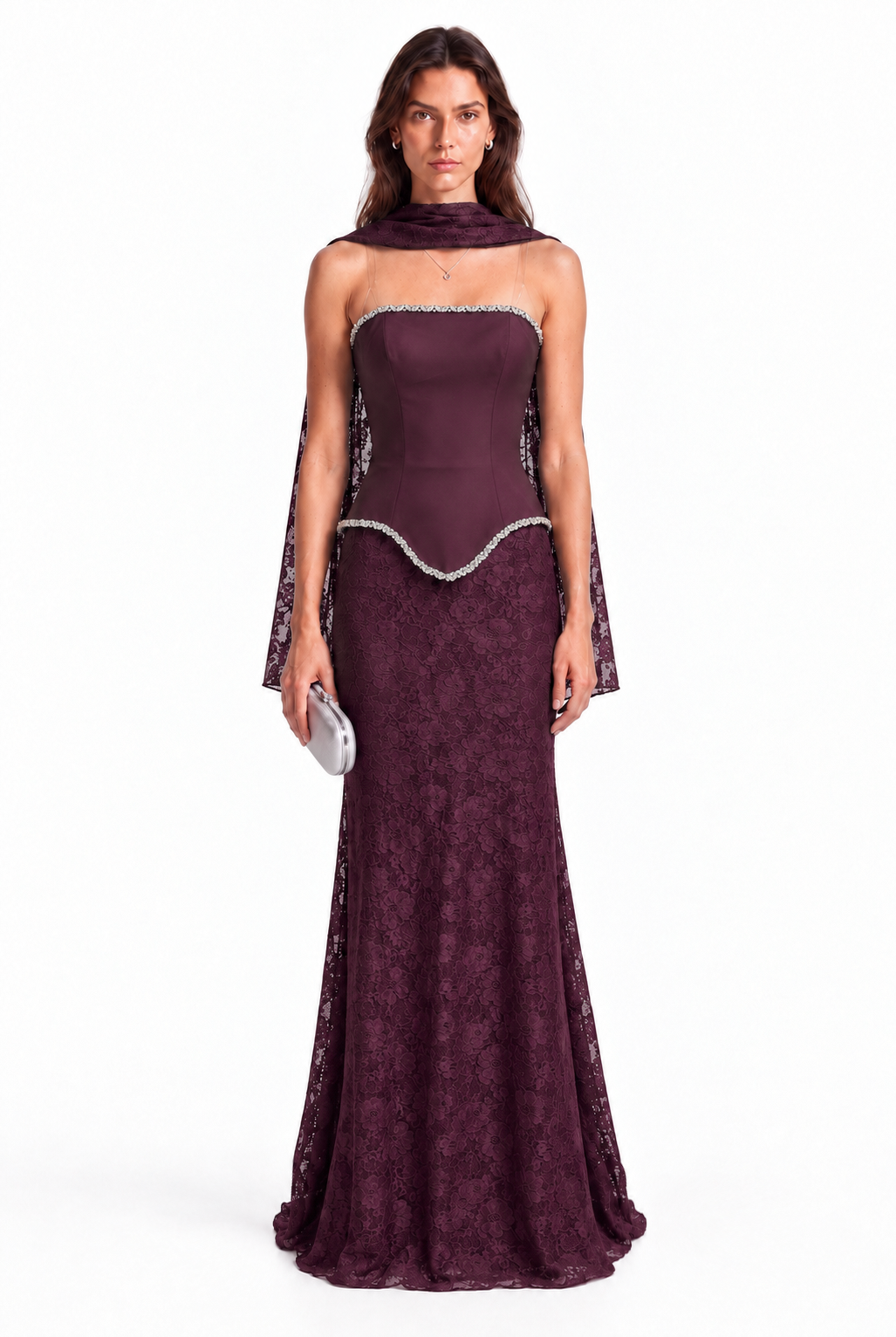 "Elara" Crystal Trim Lace Gown