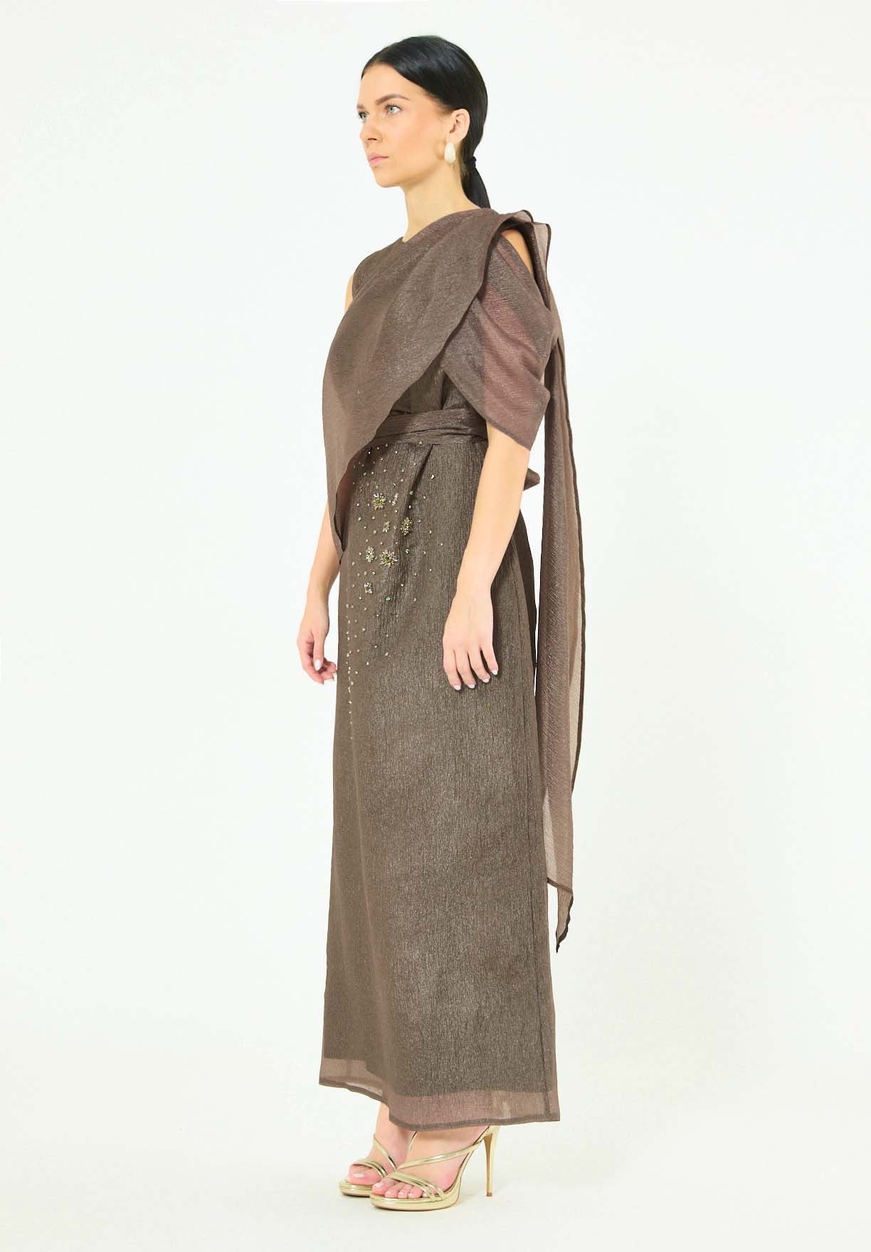 Embellished Drape Overlay Gown