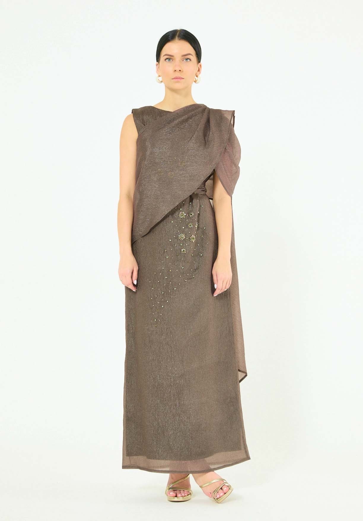 Embellished Drape Overlay Gown