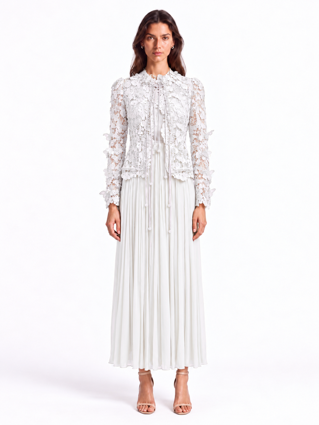 "Elara" Butterfly Lace Pleated Maxi Dress