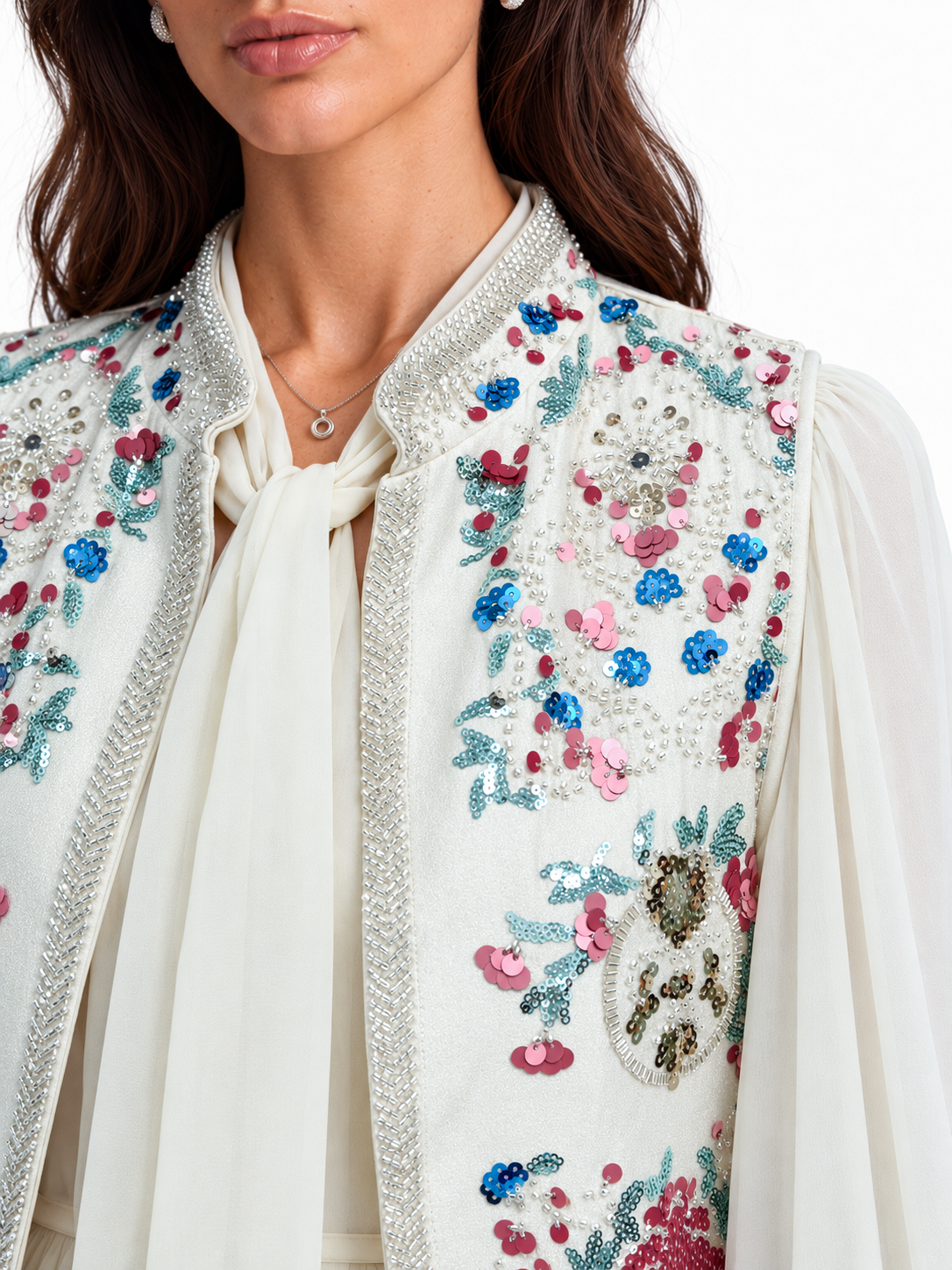 "Nesma" Embroidered Tie-Neck Pleated Dress
