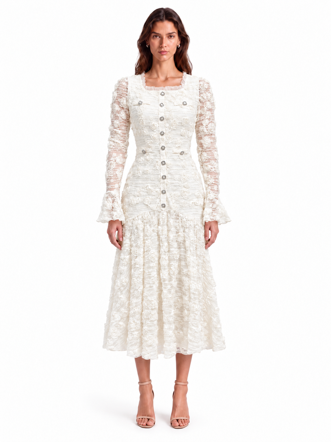"Elara" 3D Floral Lace Button-Front Dress