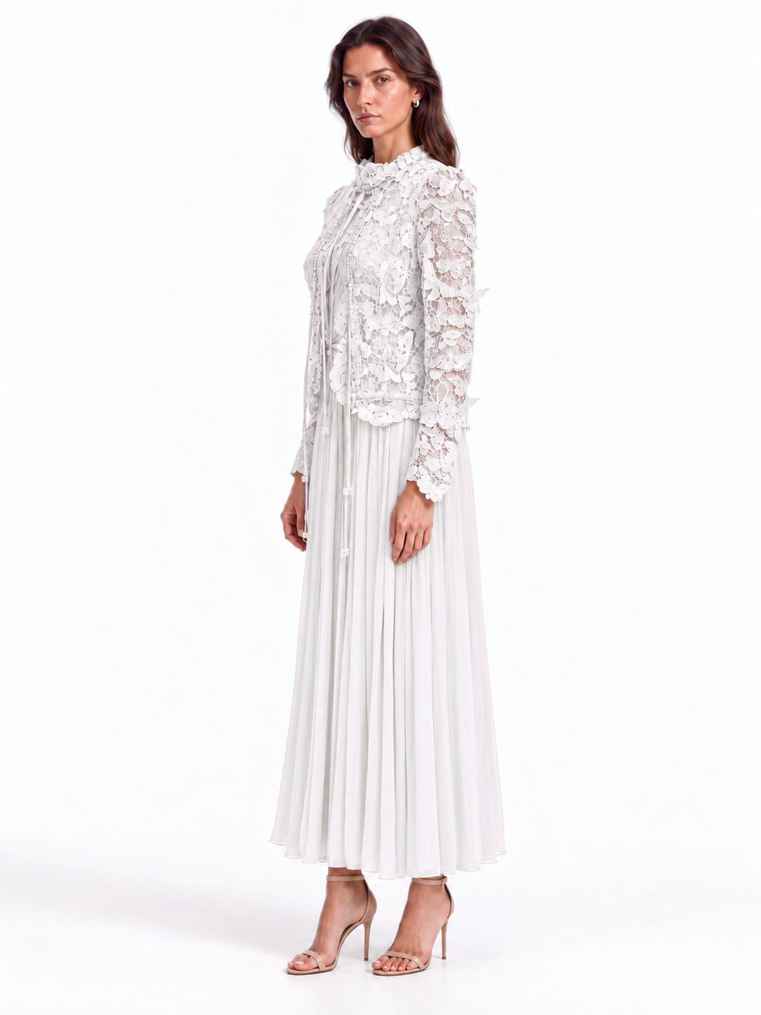 "Elara" Butterfly Lace Pleated Maxi Dress
