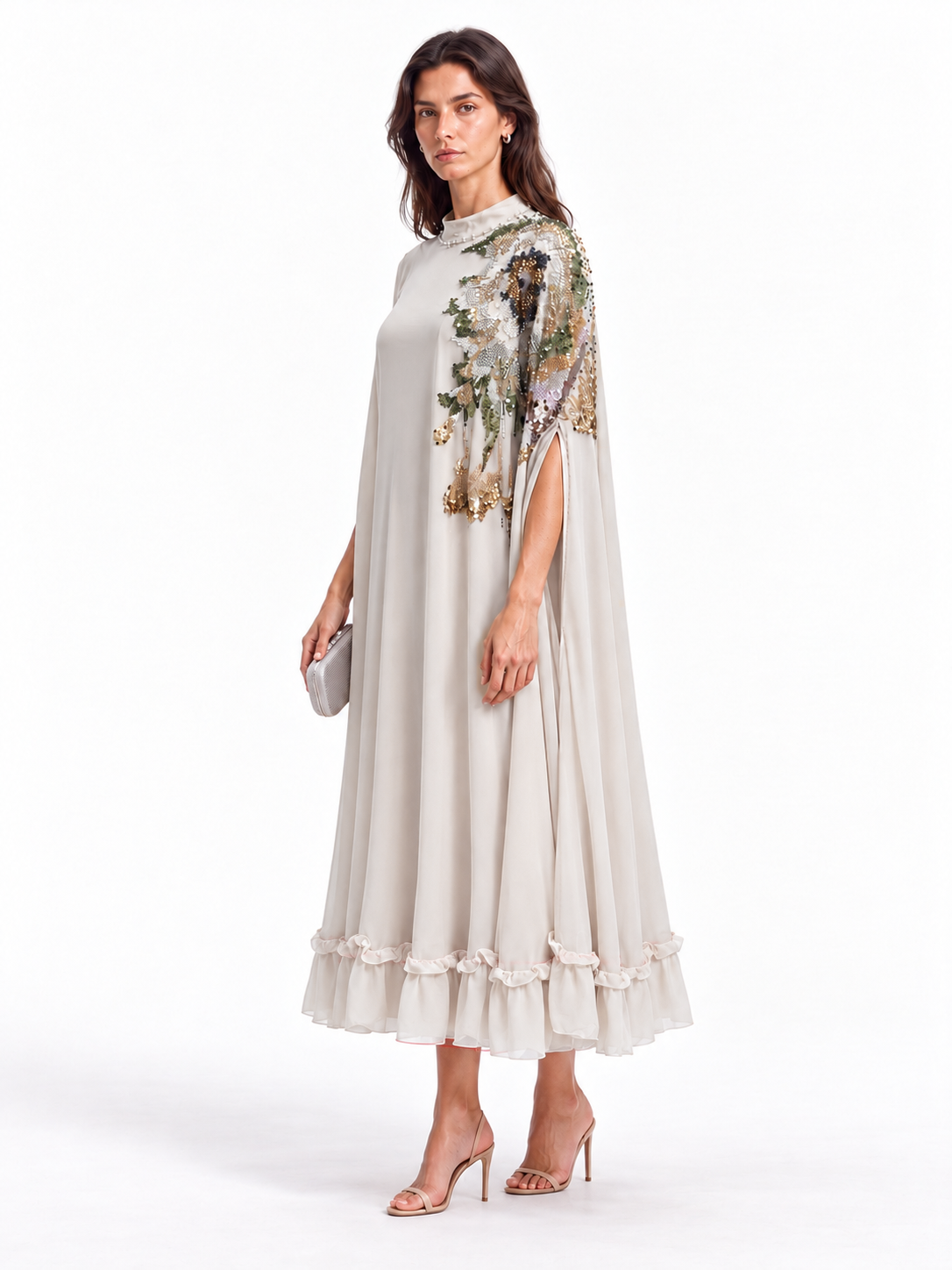 "Nesma" High Neck Beaded Cape Dress