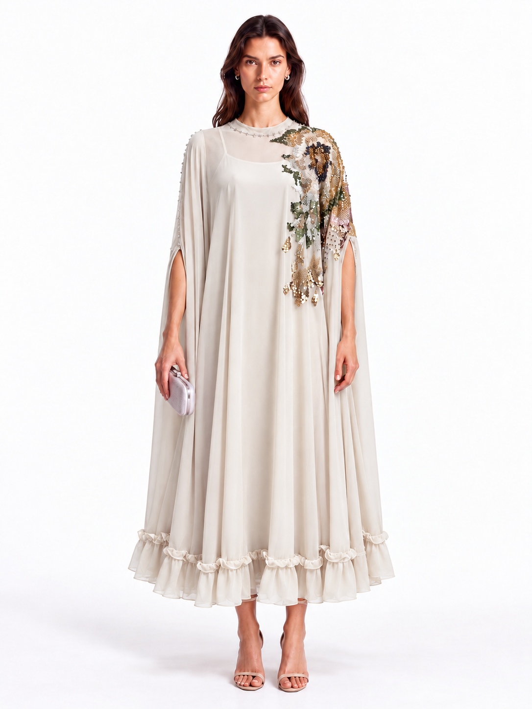 "Nesma" High Neck Beaded Cape Dress