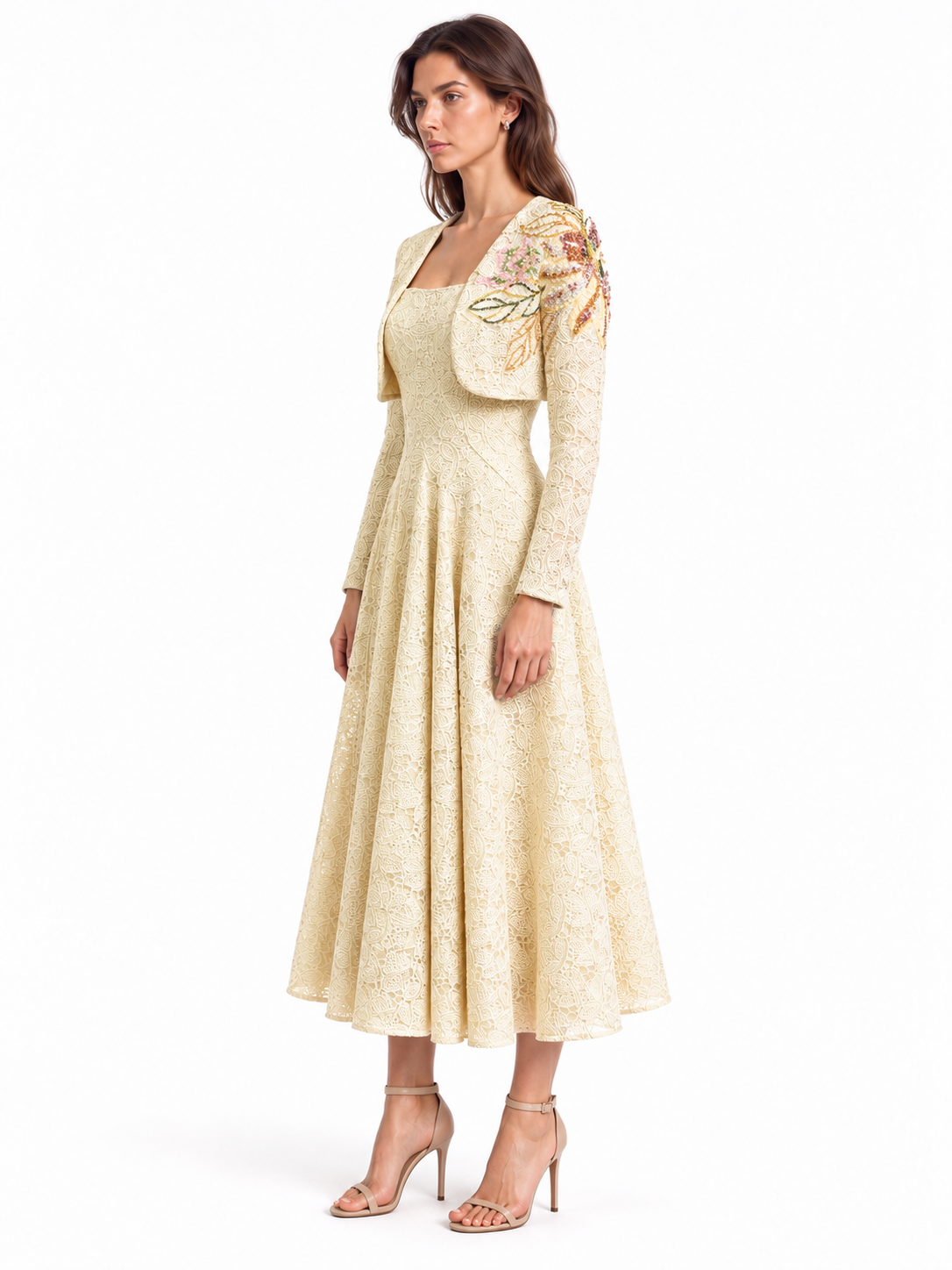 "Elara" Square-Neck Lace Midi Dress