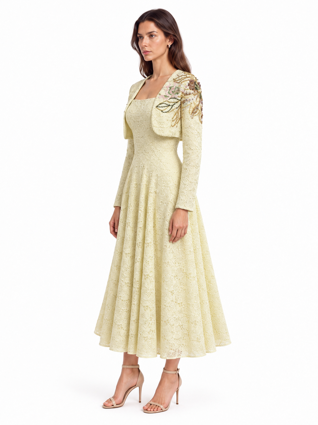 "Elara" Square-Neck Lace Midi Dress