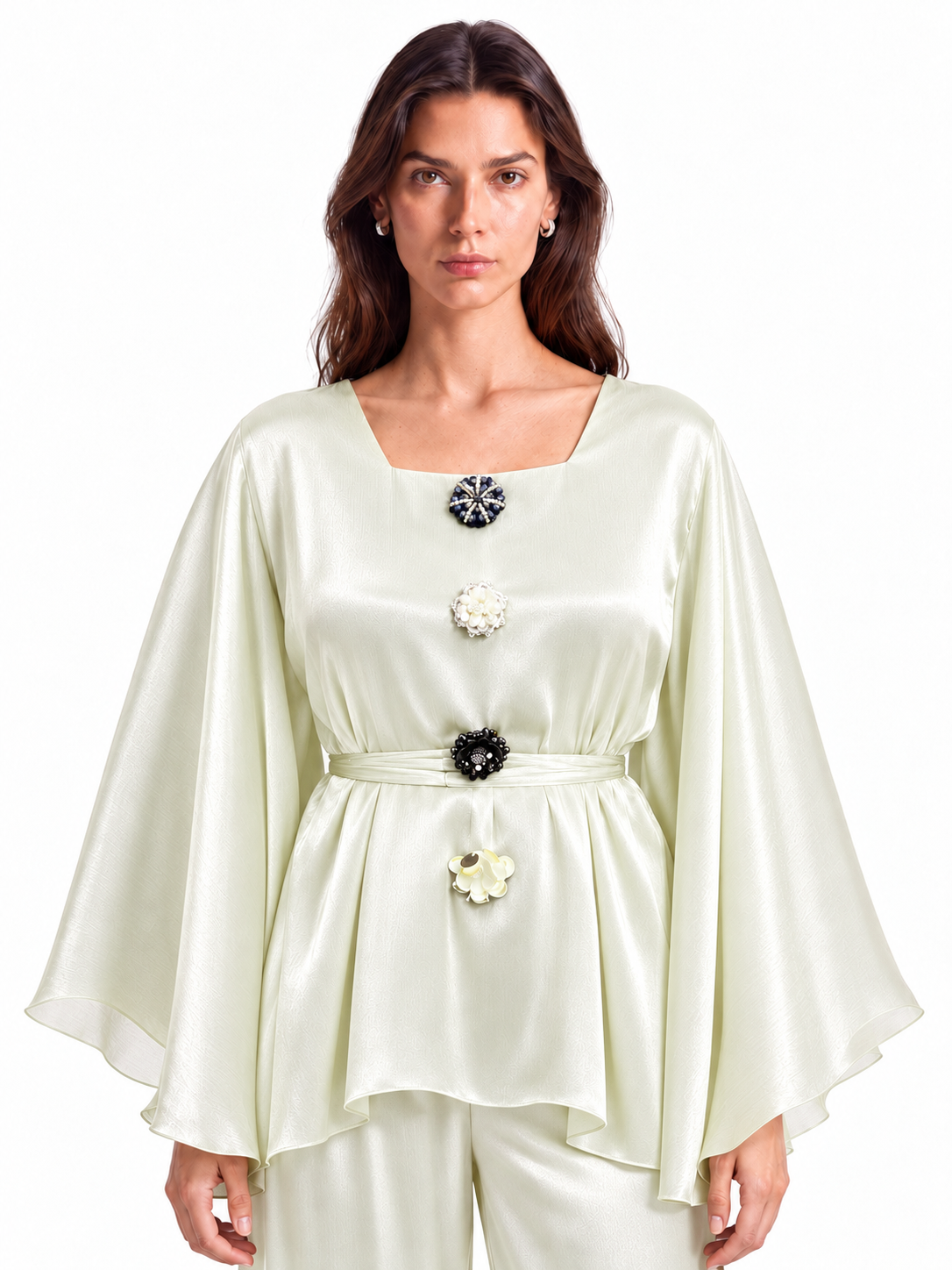"Nina" Satin Square-Neck Cape Sleeve Style Set