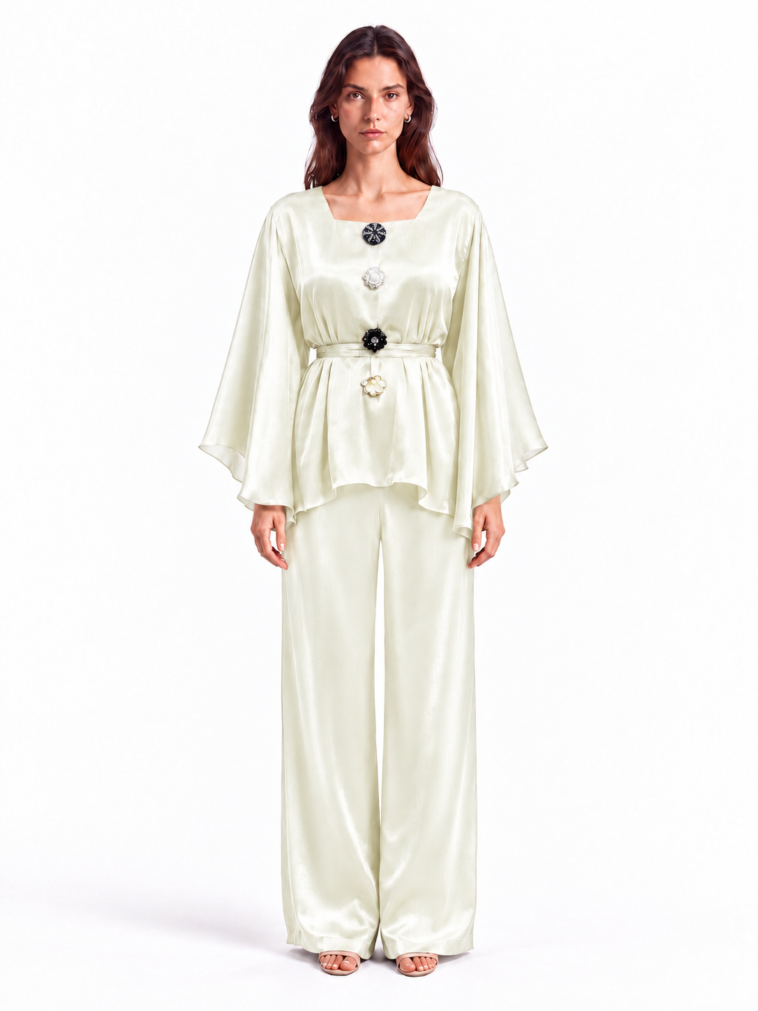 "Nina" Satin Square-Neck Cape Sleeve Style Set