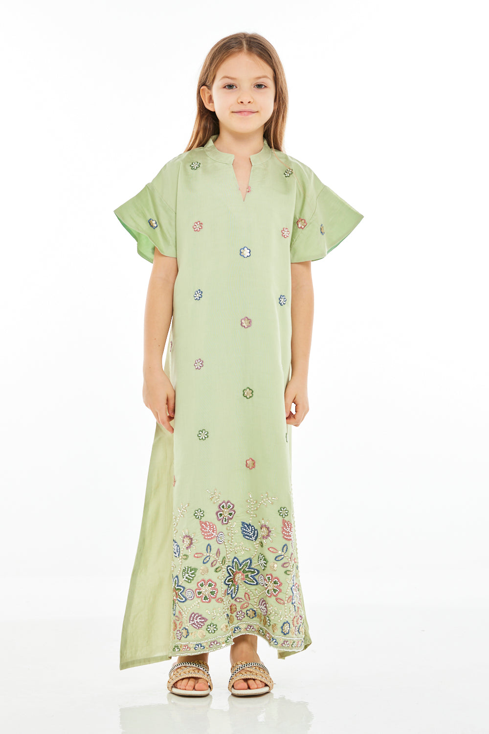 Floral Embroidered Statement Sleeve Straight Maxi Dress