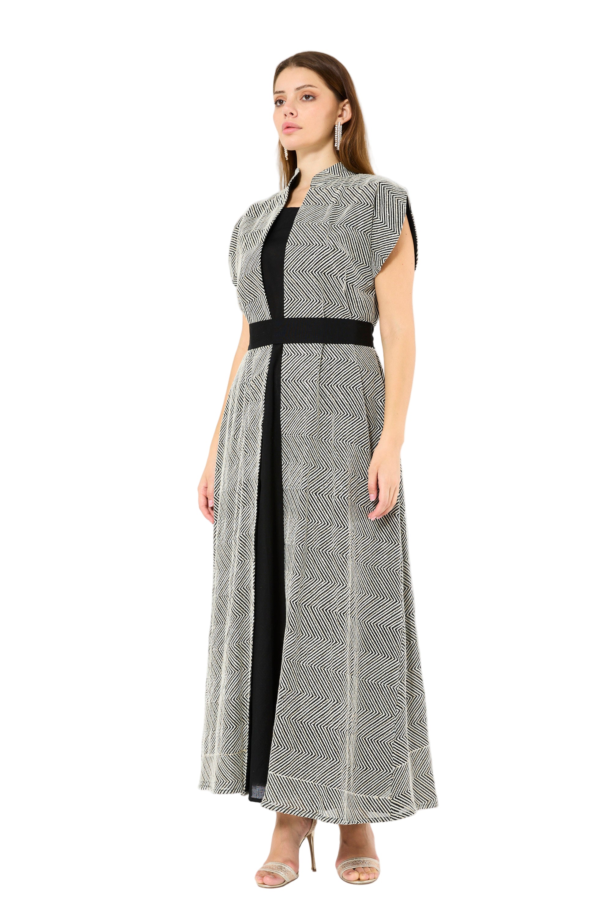 Herringbone Pattern Open-Front Bisht & Dress Set