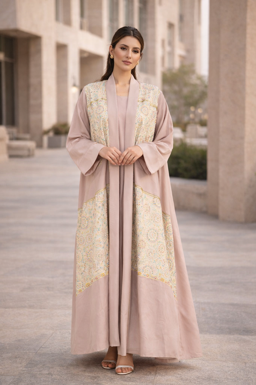 Embroidered Linen Bisht & Dress Set