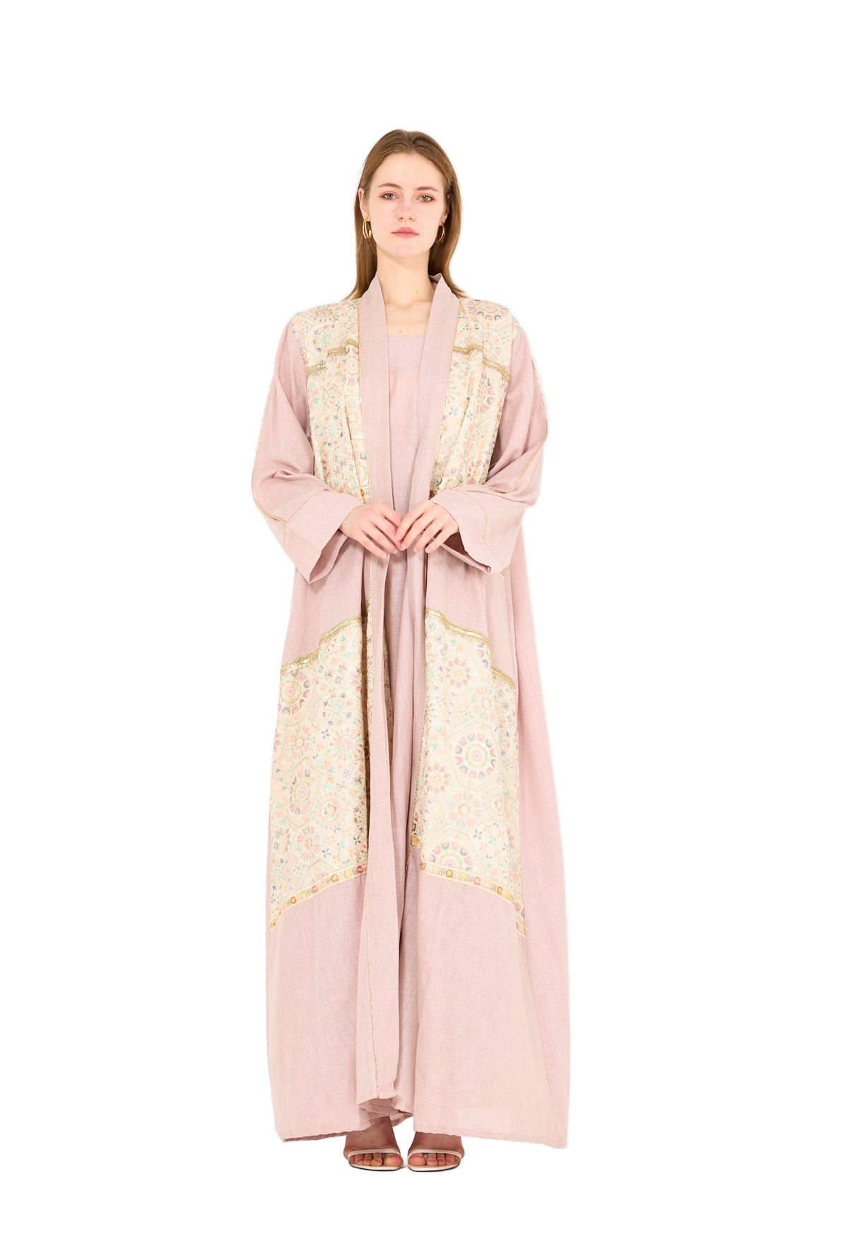 Embroidered Linen Bisht & Dress Set