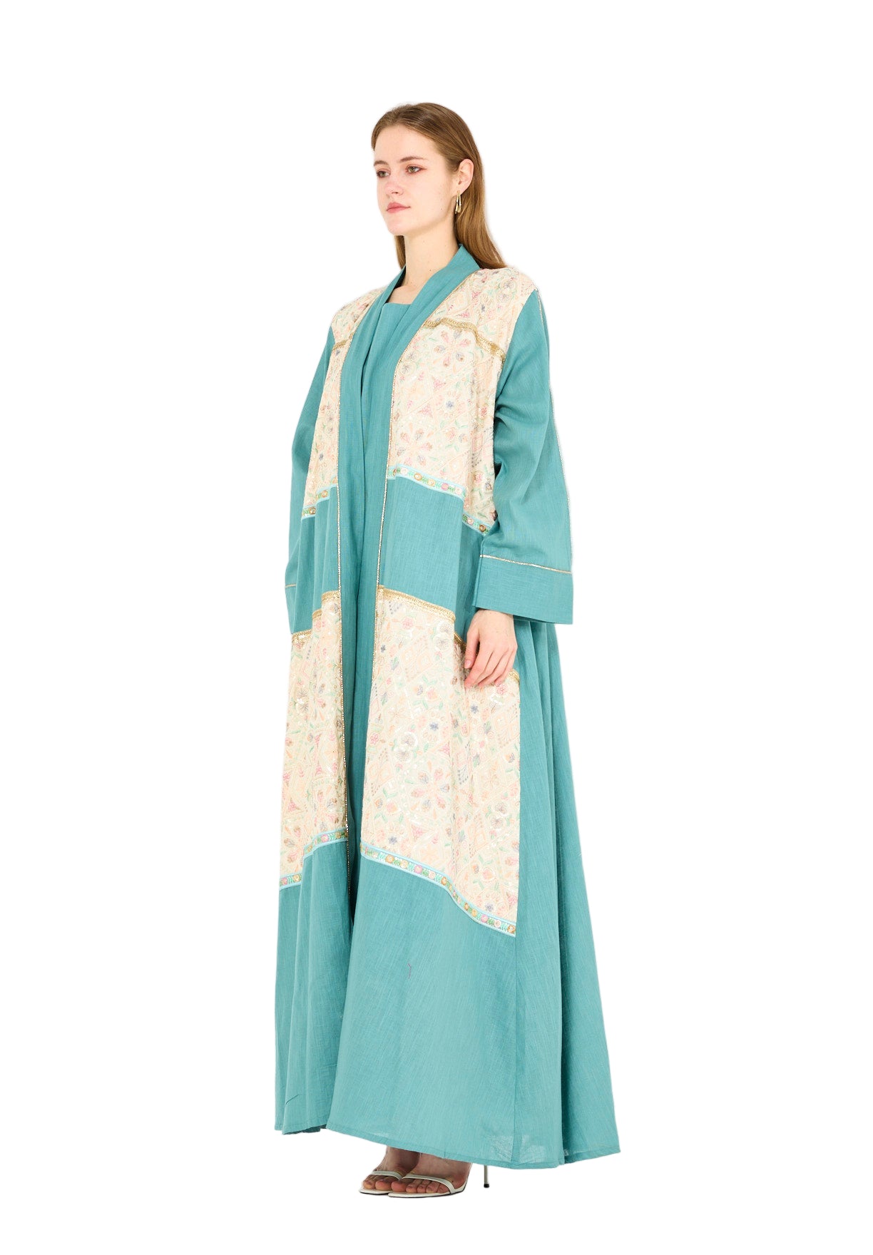 Embroidered Linen Bisht & Dress Set