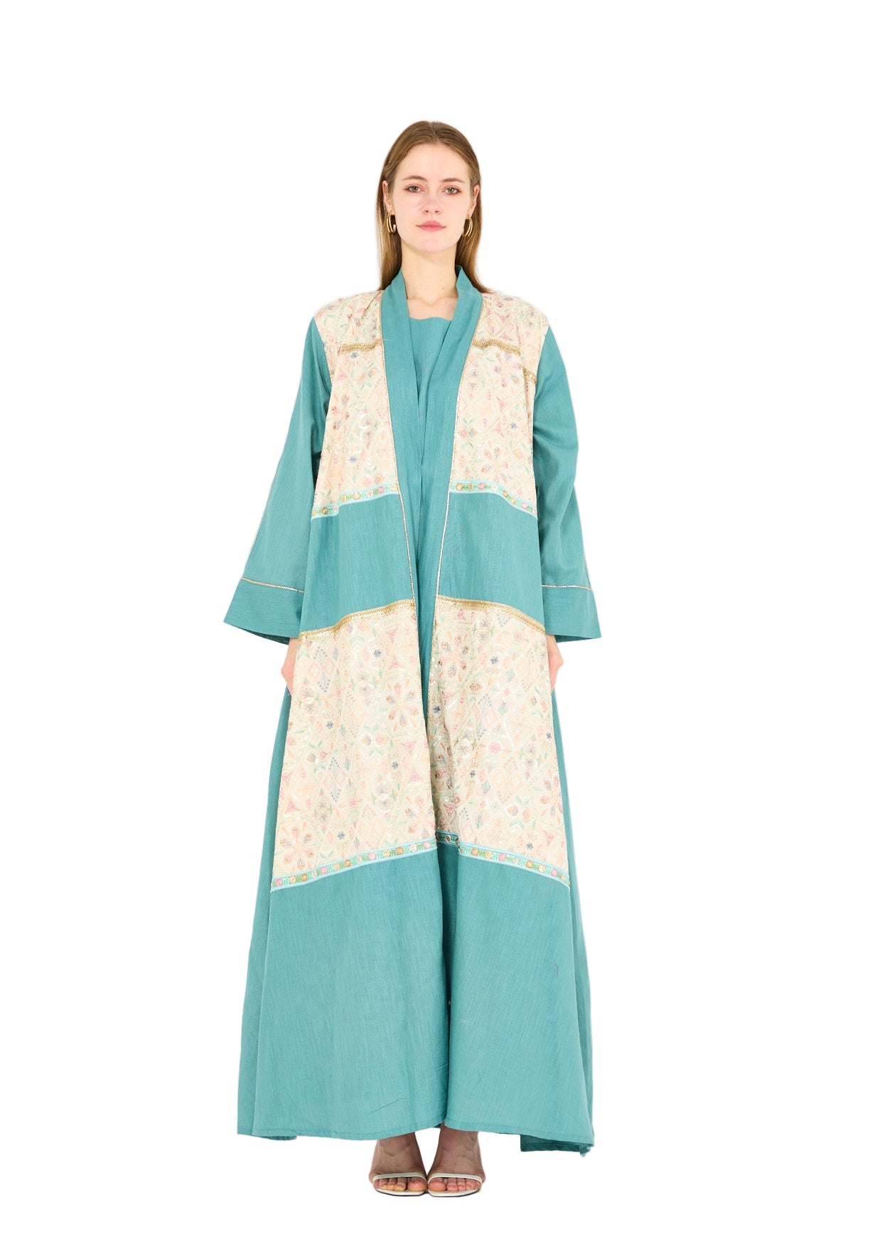 Embroidered Linen Bisht & Dress Set