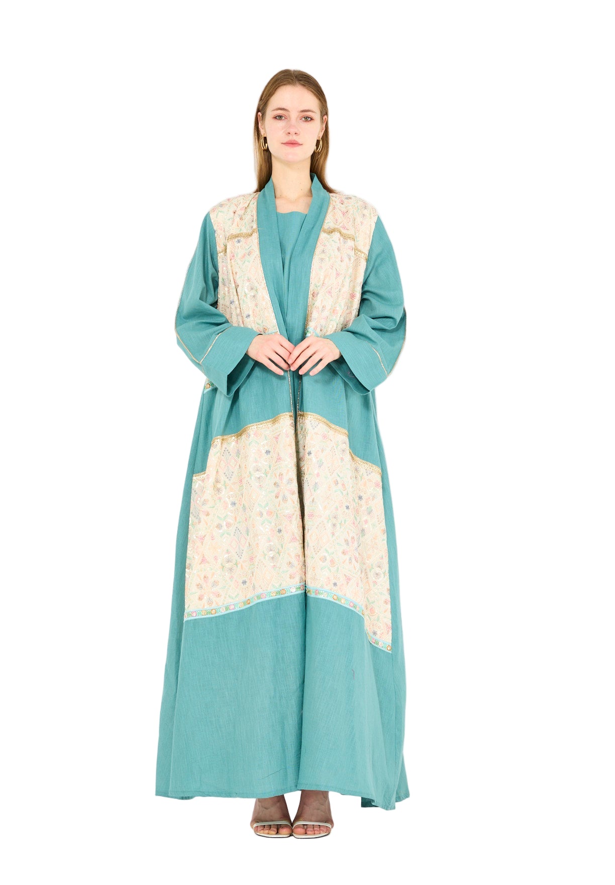 Embroidered Linen Bisht & Dress Set