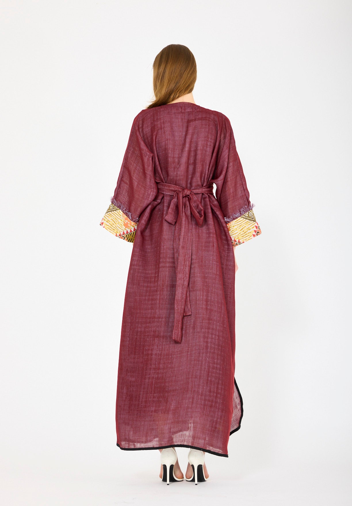 Contrast Fringe Embroidery Bisht & Dress Set