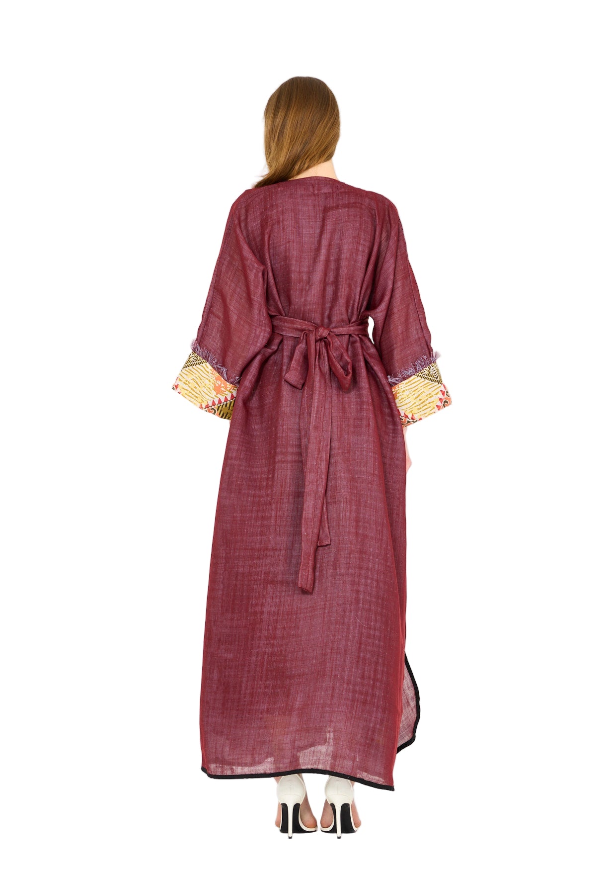 Contrast Fringe Embroidery Bisht & Dress Set