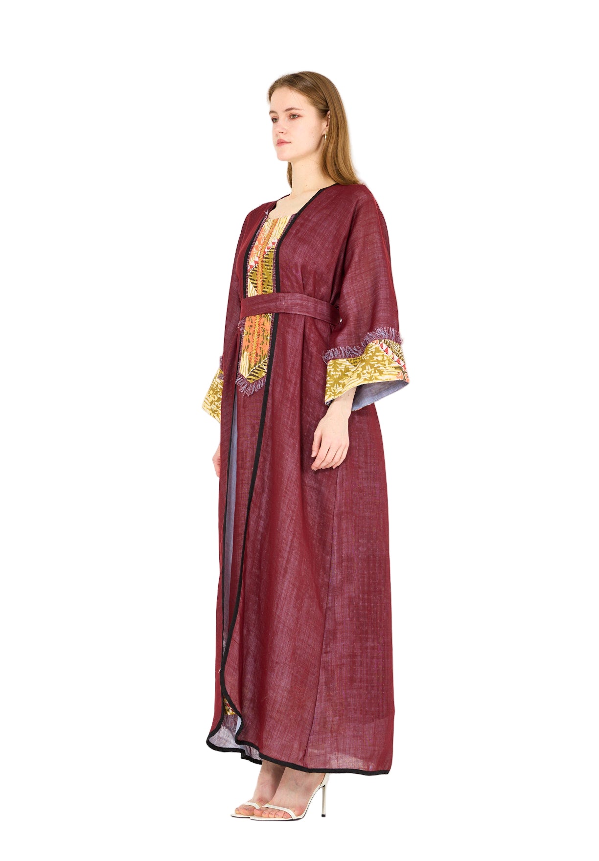 Contrast Fringe Embroidery Bisht & Dress Set