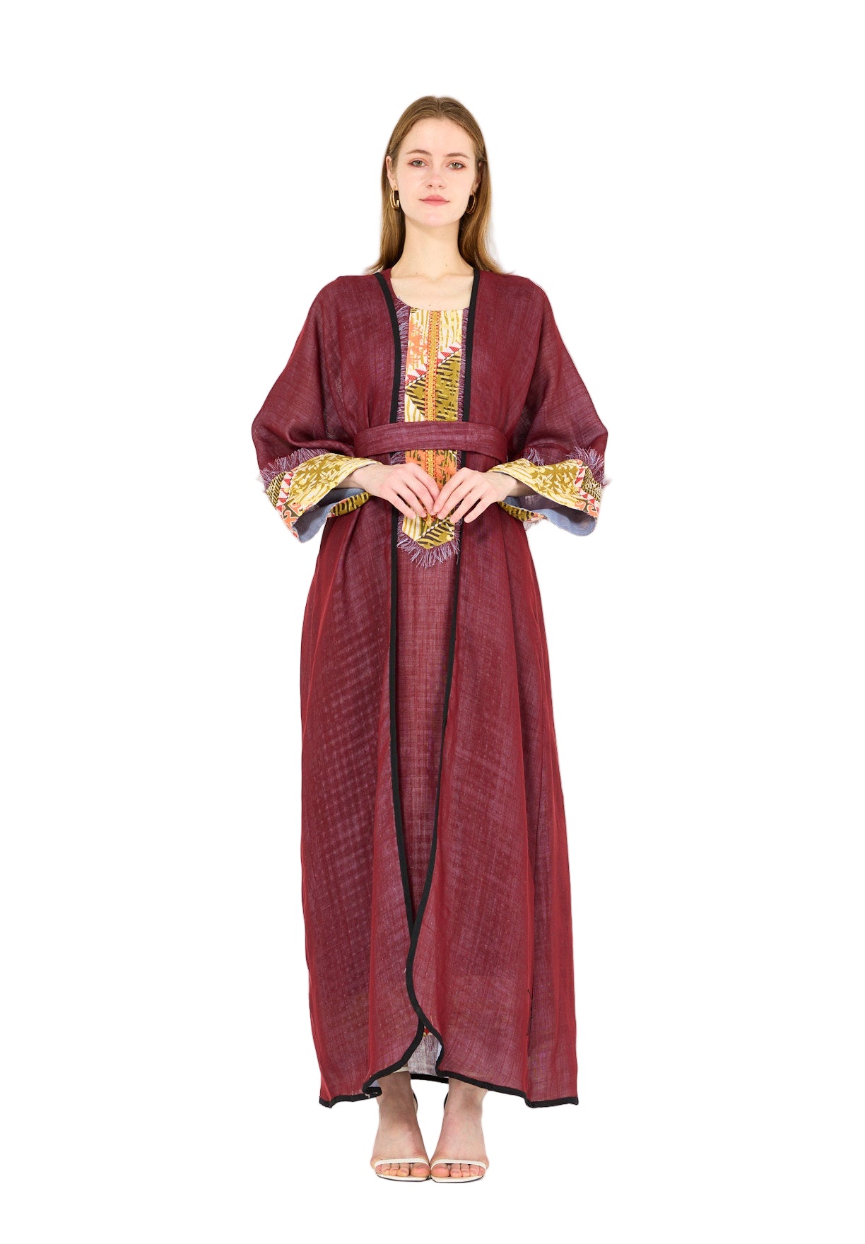 Contrast Fringe Embroidery Bisht & Dress Set