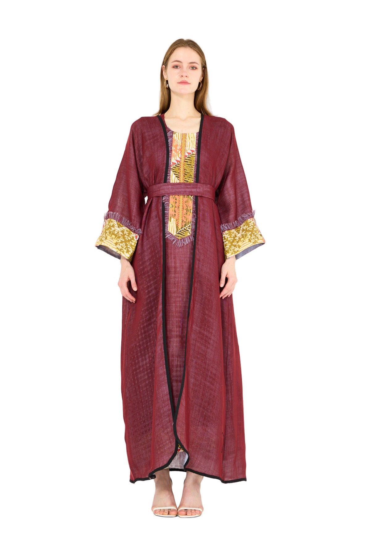 Contrast Fringe Embroidery Bisht & Dress Set