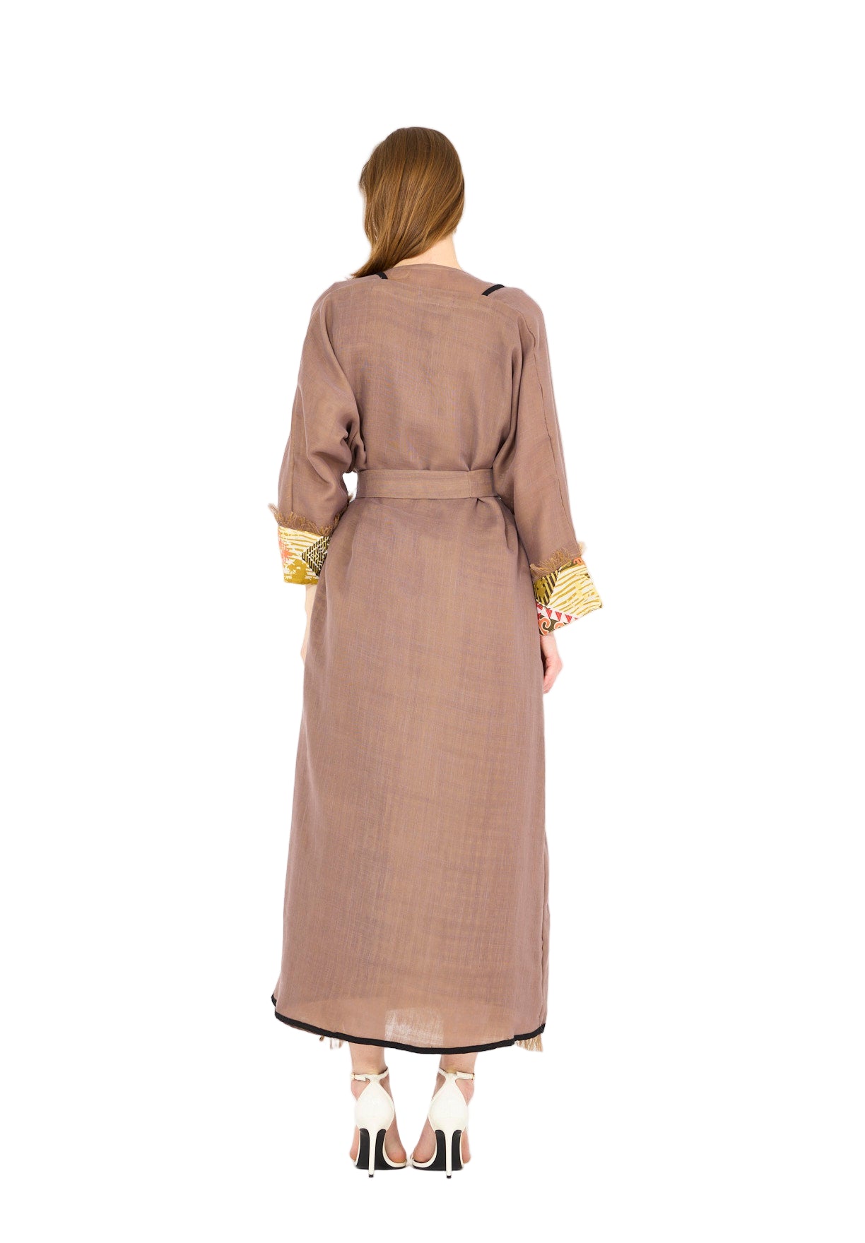 Contrast Fringe Embroidery Bisht & Dress Set