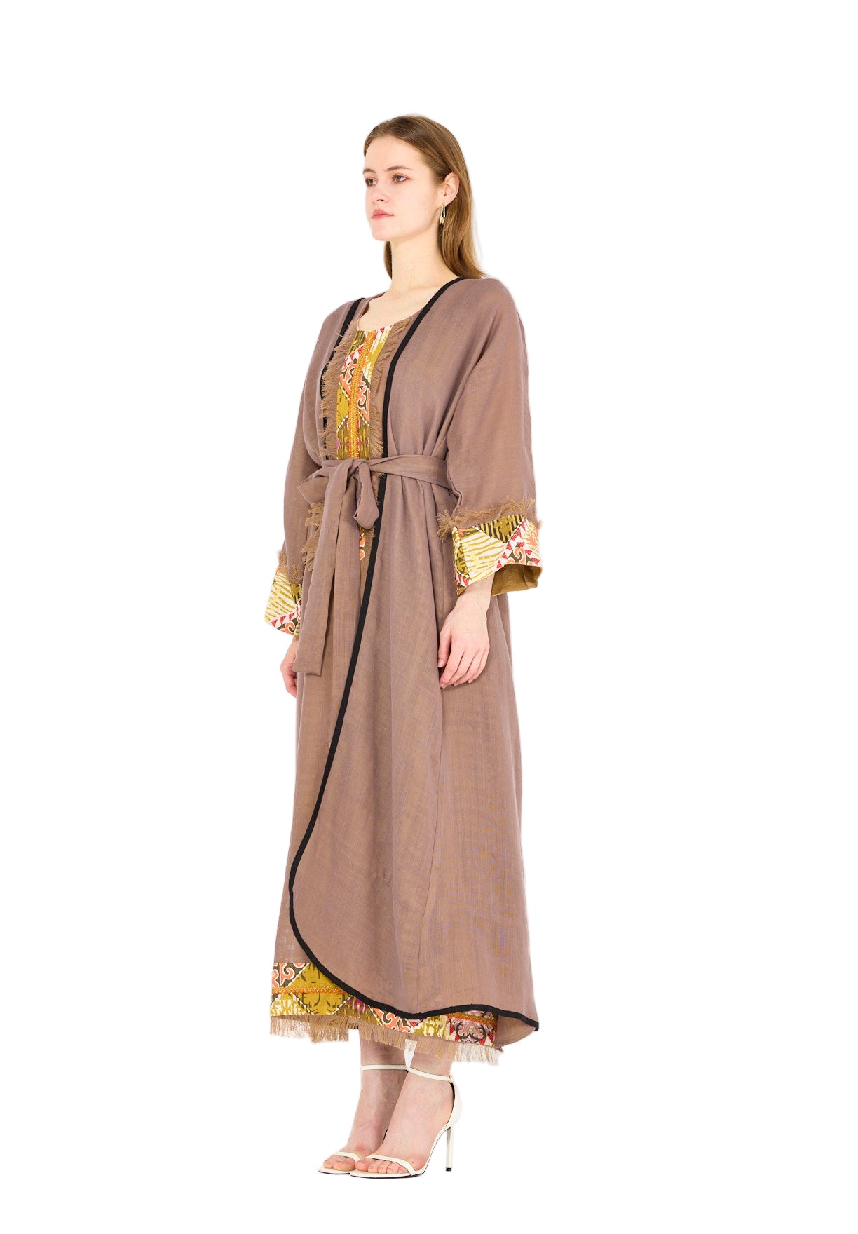 Contrast Fringe Embroidery Bisht & Dress Set