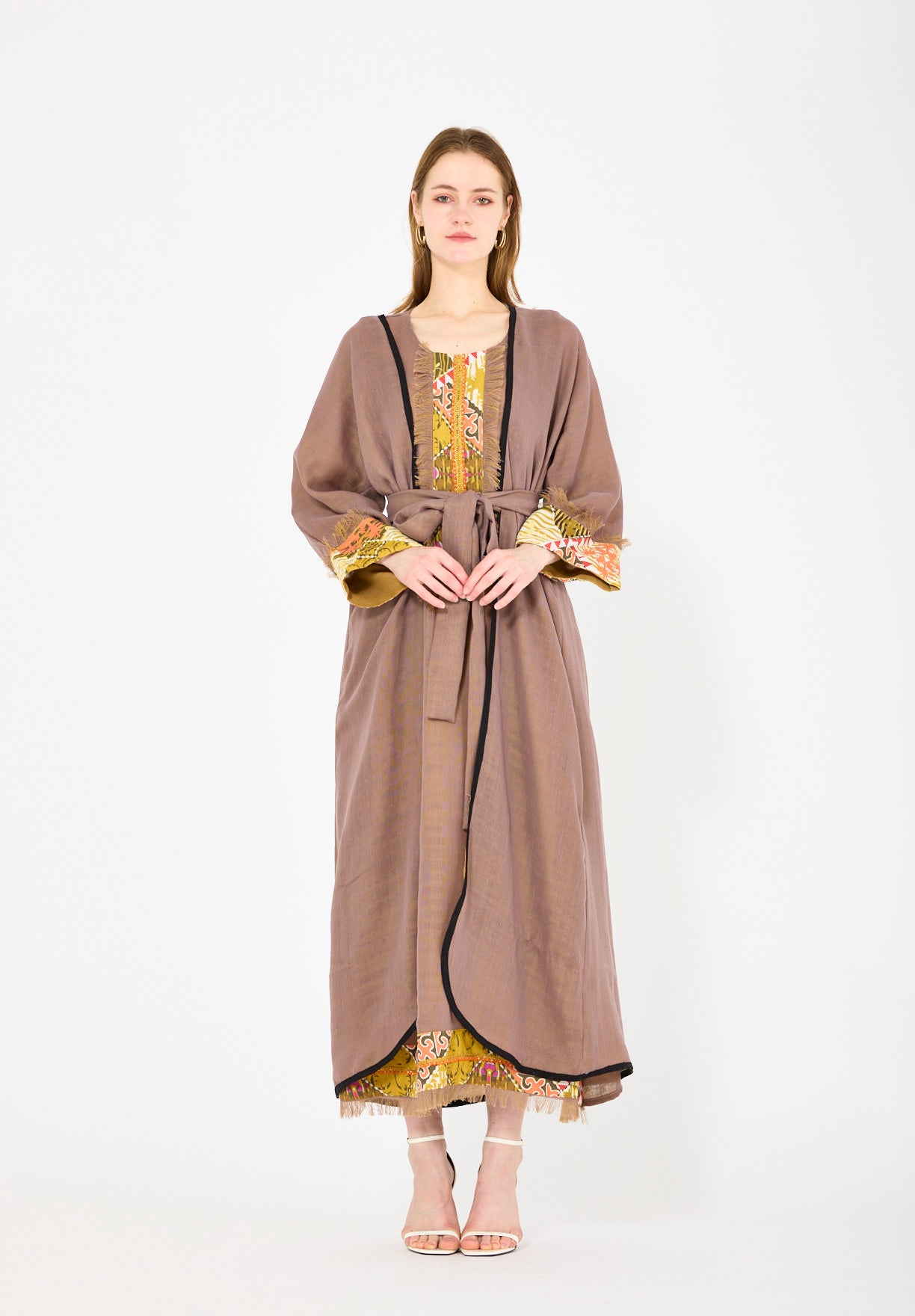 Contrast Fringe Embroidery Bisht & Dress Set