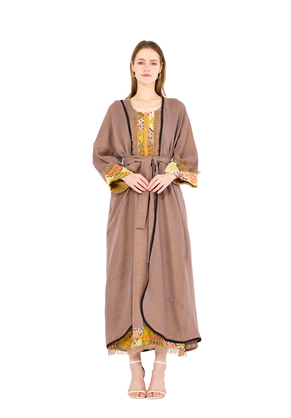 Contrast Fringe Embroidery Bisht & Dress Set