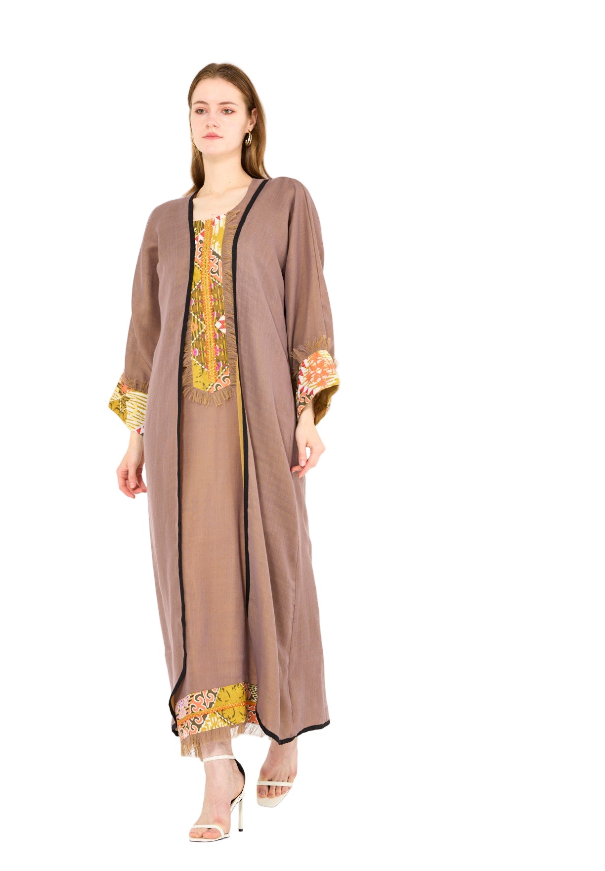 Contrast Fringe Embroidery Bisht & Dress Set