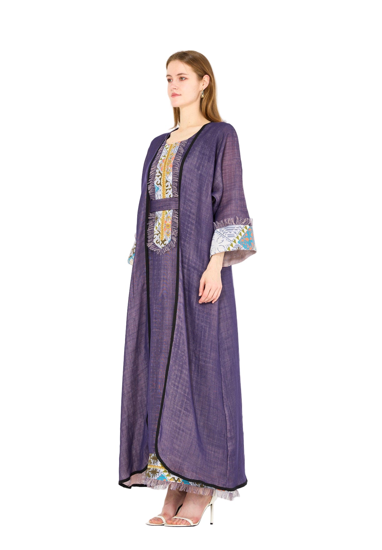 Contrast Fringe Embroidery Bisht & Dress Set
