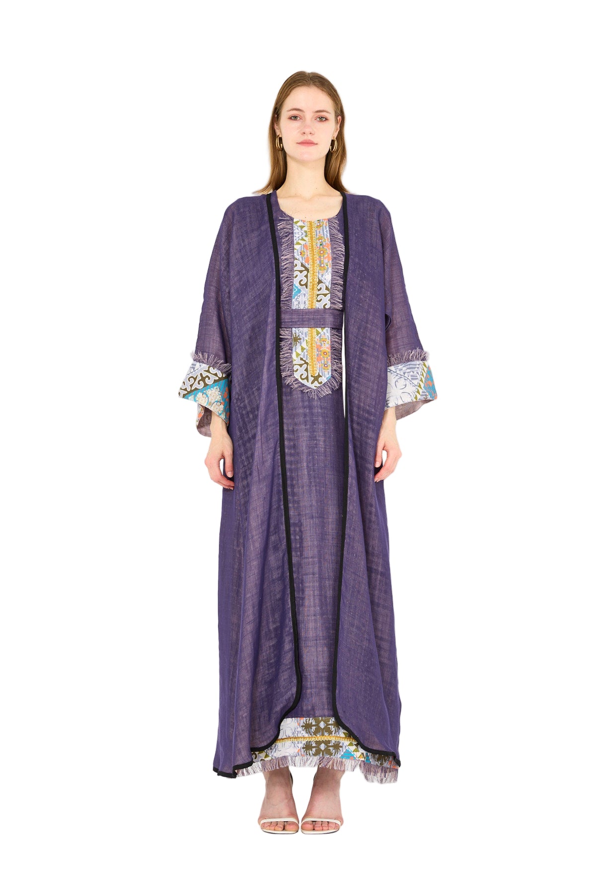 Contrast Fringe Embroidery Bisht & Dress Set