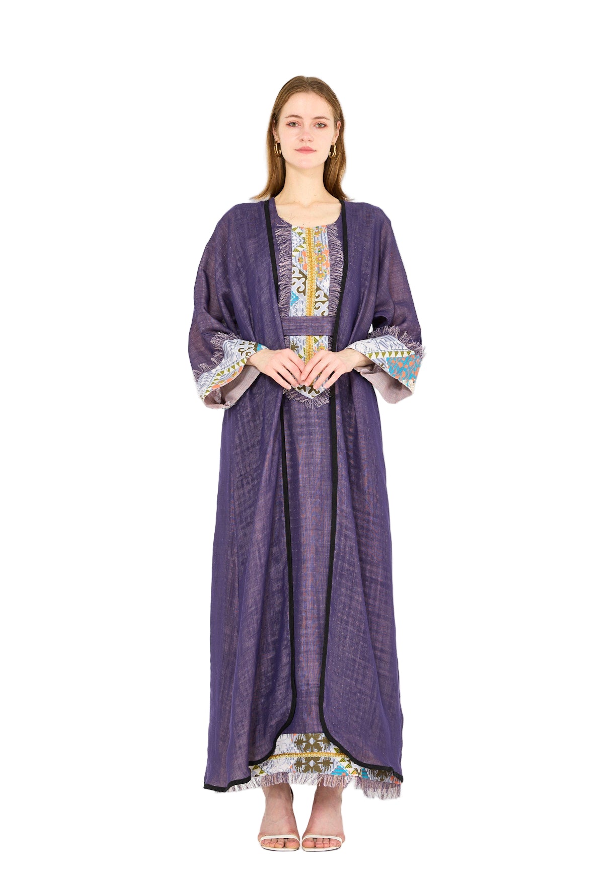 Contrast Fringe Embroidery Bisht & Dress Set