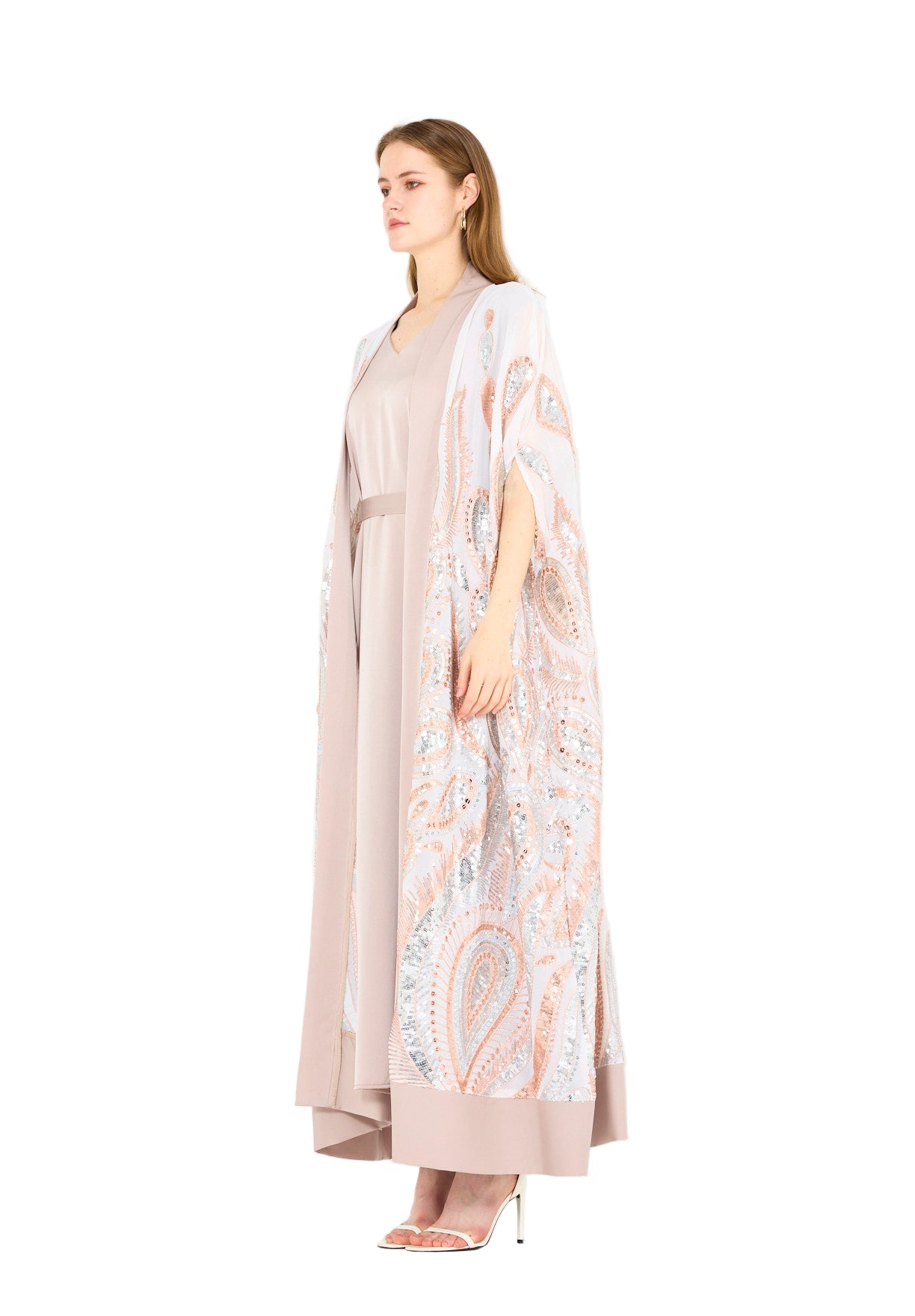 Pastel Sequin Embroidered Bisht & Dress Set