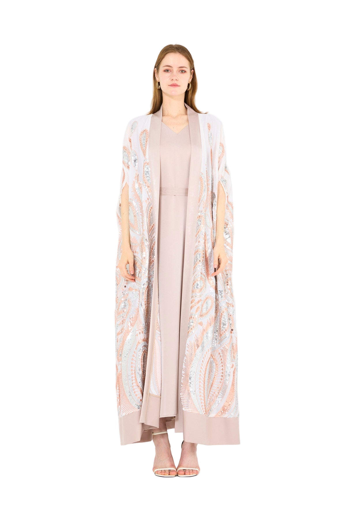 Pastel Sequin Embroidered Bisht & Dress Set