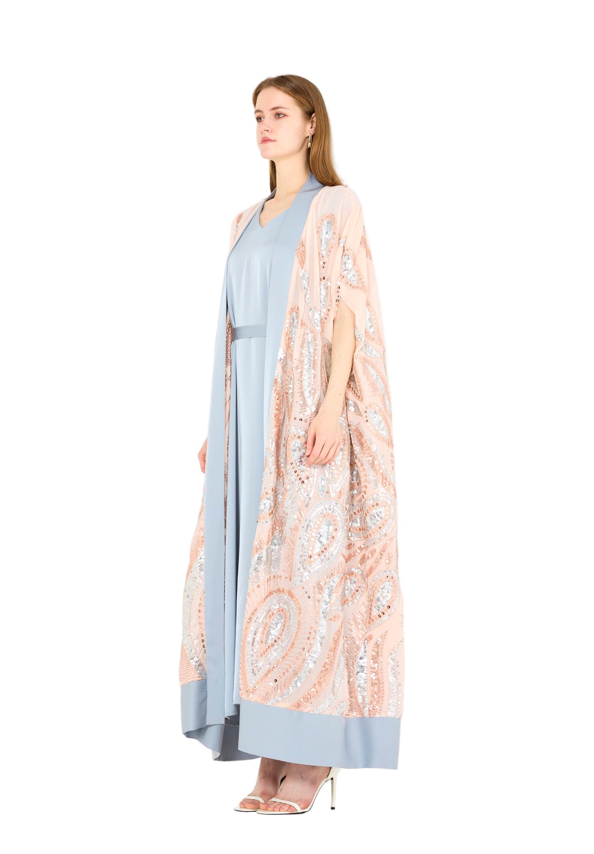 Pastel Sequin Embroidered Bisht & Dress Set