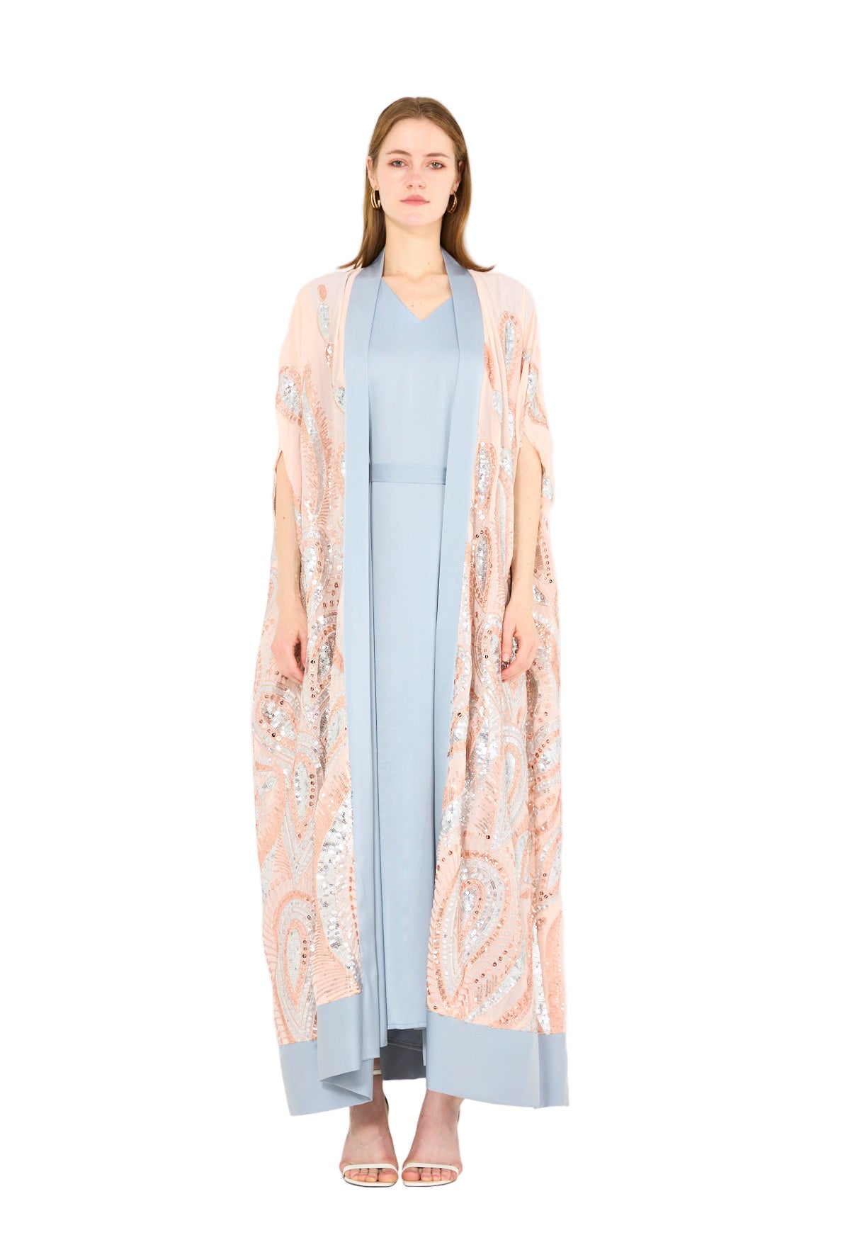 Pastel Sequin Embroidered Bisht & Dress Set