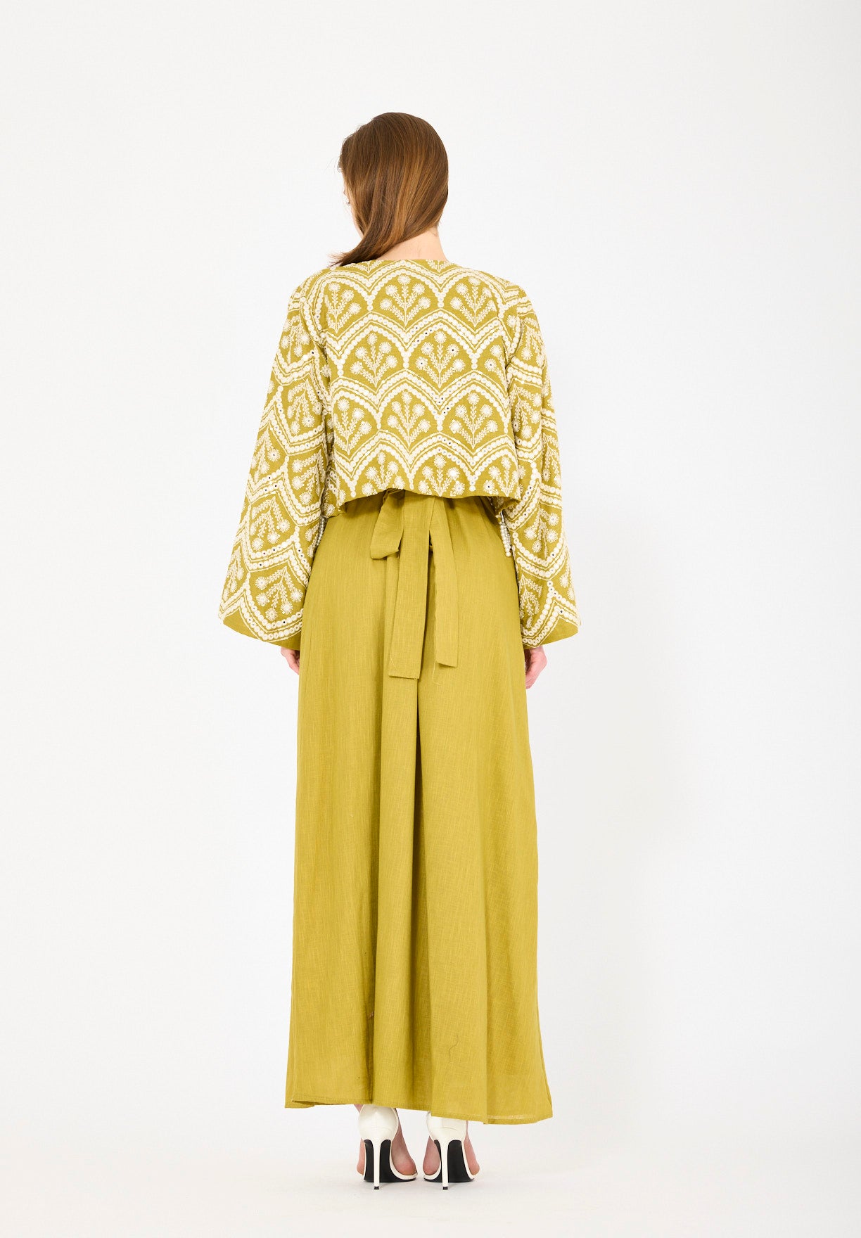 Cropped Fringe Embroidered Linen Jacket Set