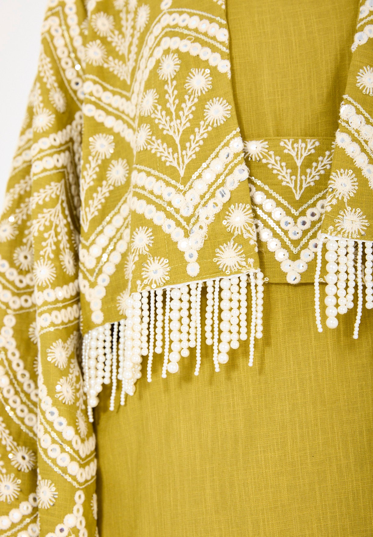 Cropped Fringe Embroidered Linen Jacket Set