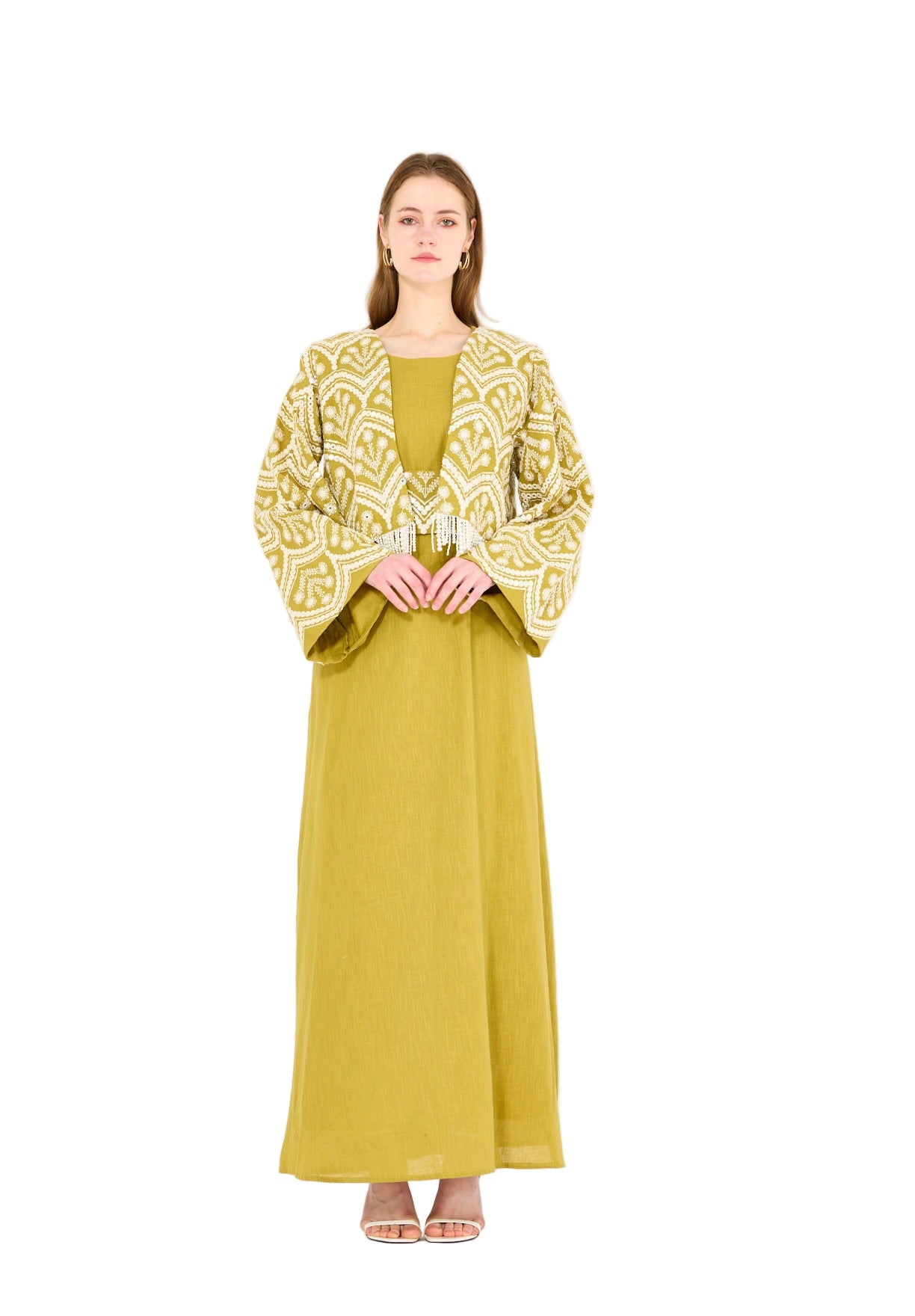 Cropped Fringe Embroidered Linen Jacket Set