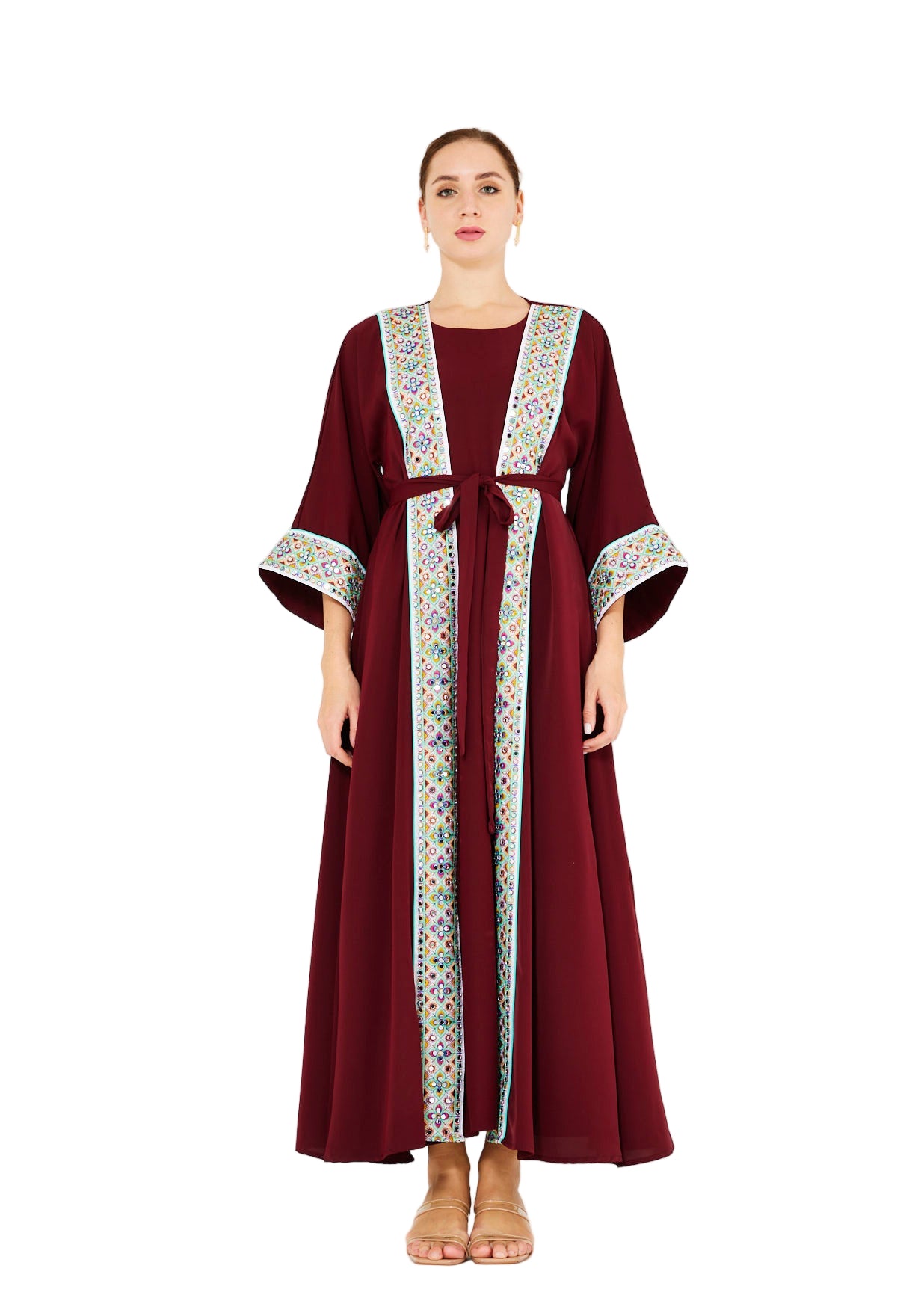 Multi-Colored Embroidered Trim Bisht & Dress Set